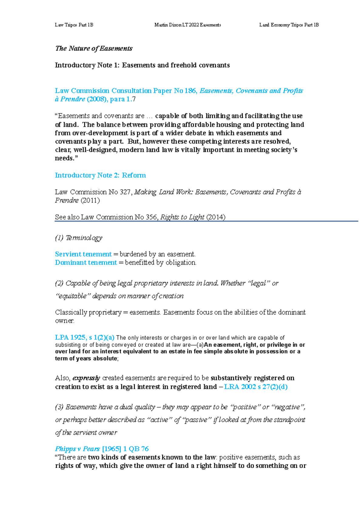 LLL16 easement lecture notes Law Tripos Part 1B Martin Dixon LT