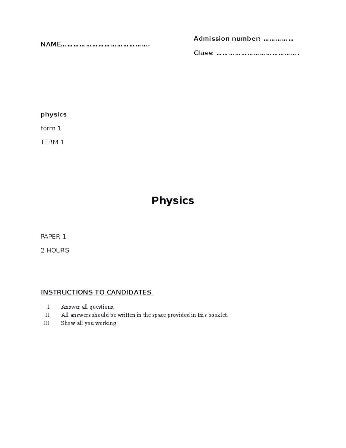 Physic-FORM-1 - charity - NAME ...