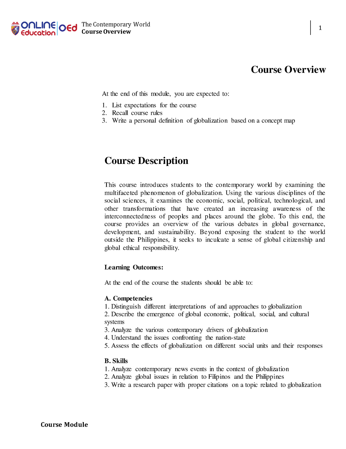 W1 Course Overview - Module - The Contemporary World Course Overview 1 ...