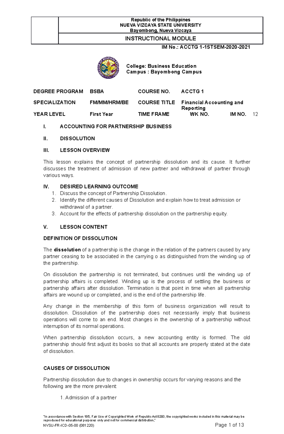 4. Partnership Dissolution New Format - NUEVA VIZCAYA STATE UNIVERSITY ...