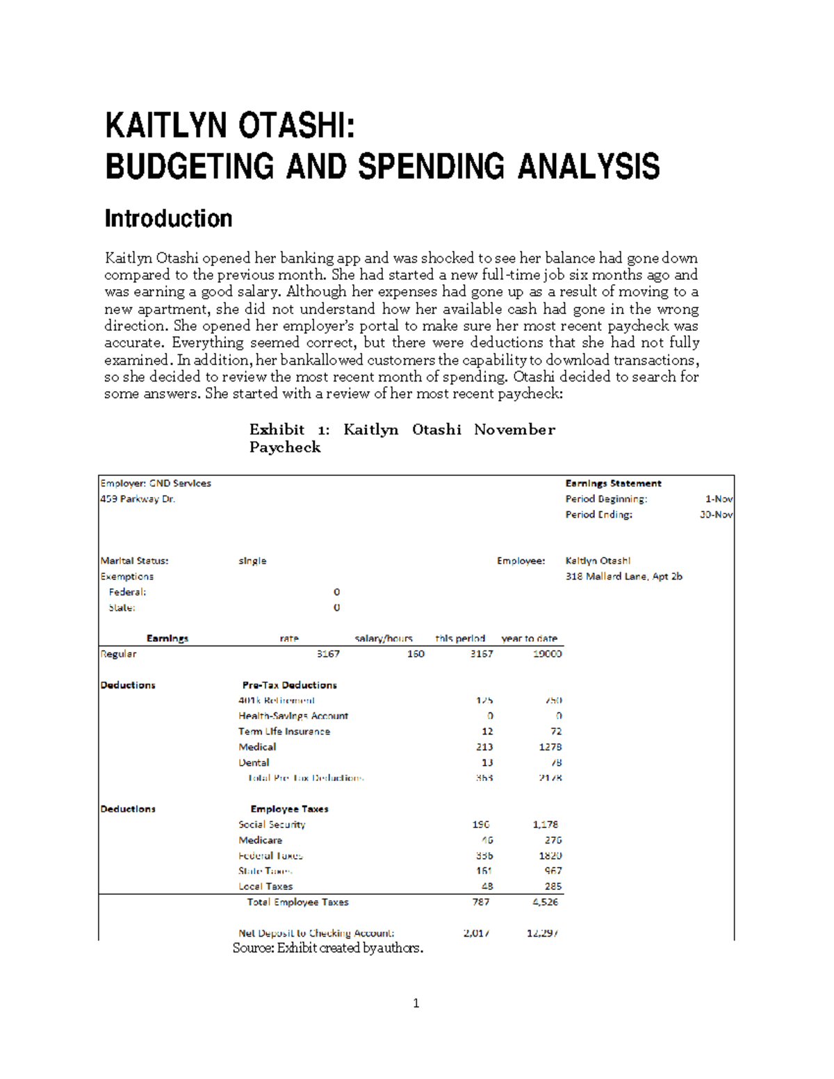 Case study 1 - Financial exercises - KAITLYN OTASHI: BUDGETING AND ...