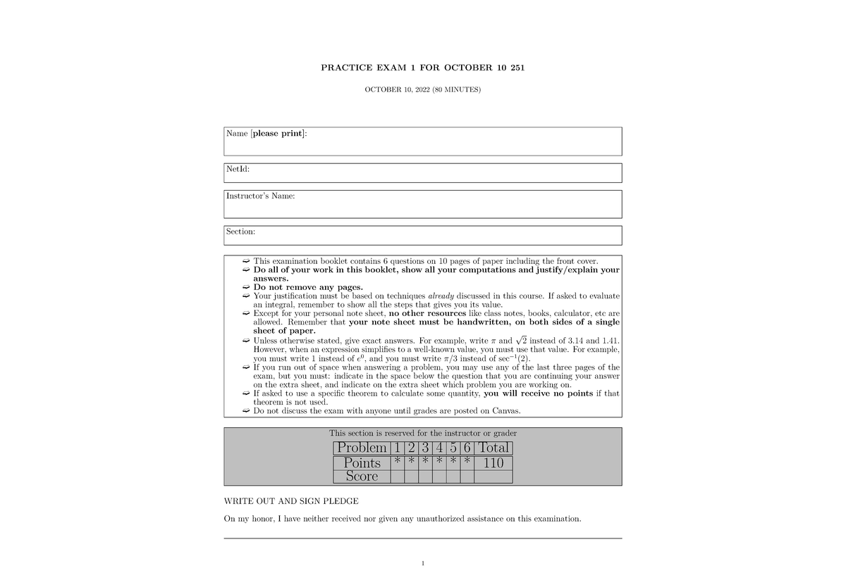 Www.math - Calculus Midterm Practice Exam - OCTOBER 10, 2022 (80 ...