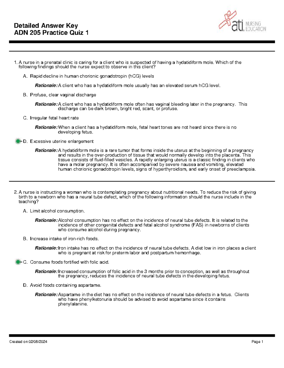 Maternity Quiz 1 answers and rationales ADN 205 Practice Quiz 1 A