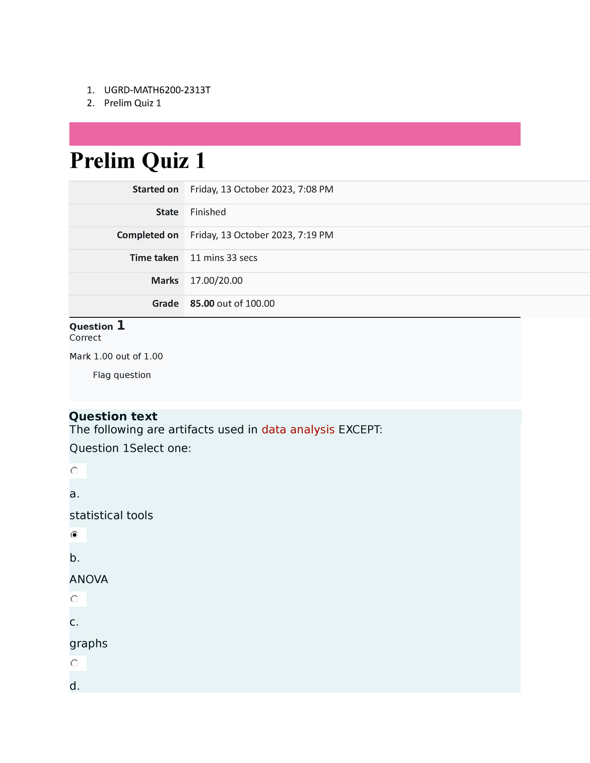 Prelim Quiz 1 Data Analysis - 1. UGRD-MATH6200-2313T 2. Prelim Quiz 1 ...