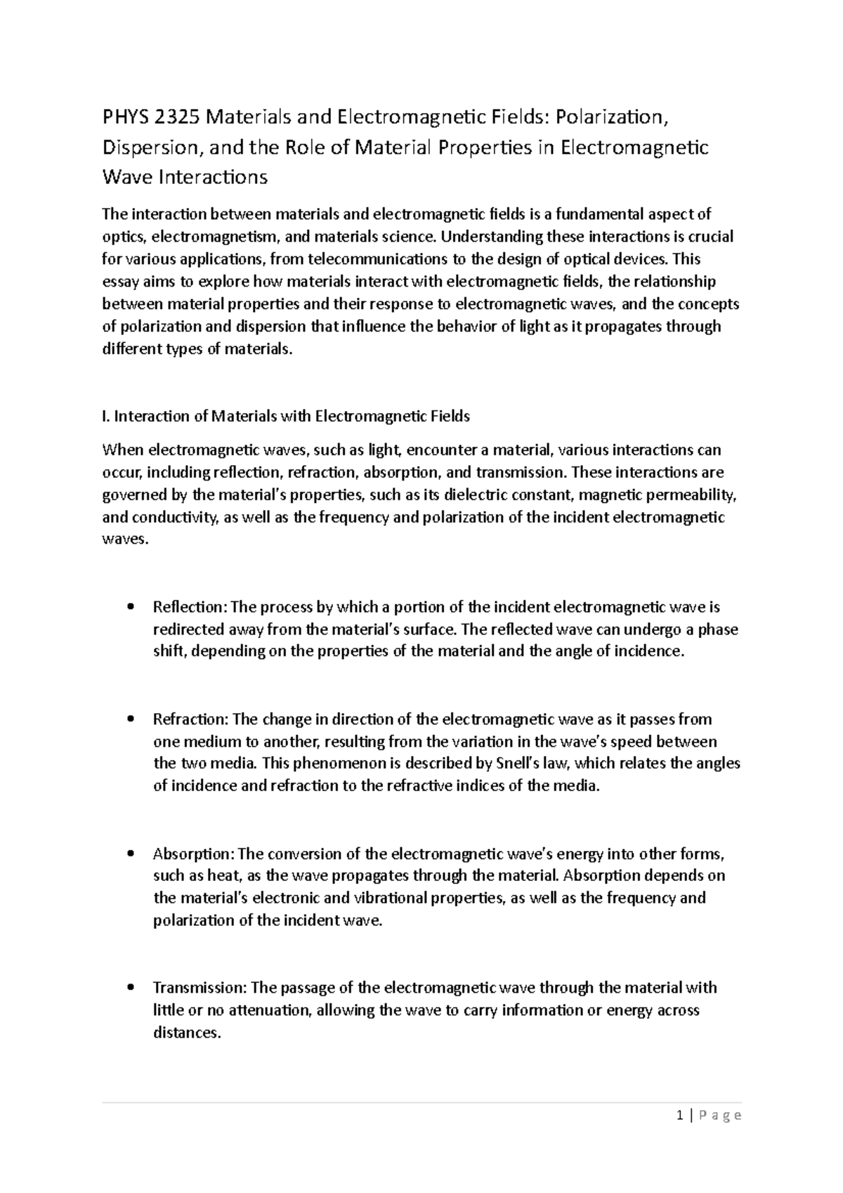 PHYS 2325 Materials and Electromagnetic Fields Polarization, Dispersion ...