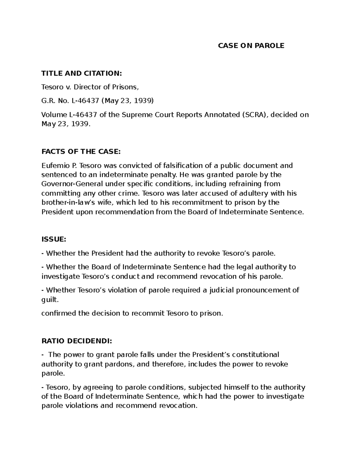 Parole - CASE ON PAROLE TITLE AND CITATION: Tesoro v. Director of ...