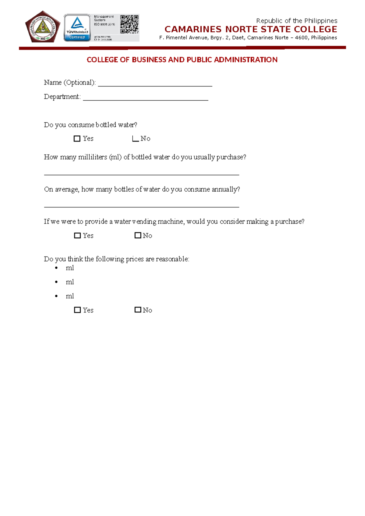 Survey-Q - Survey questionnaire - Republic of the Philippines CAMARINES ...