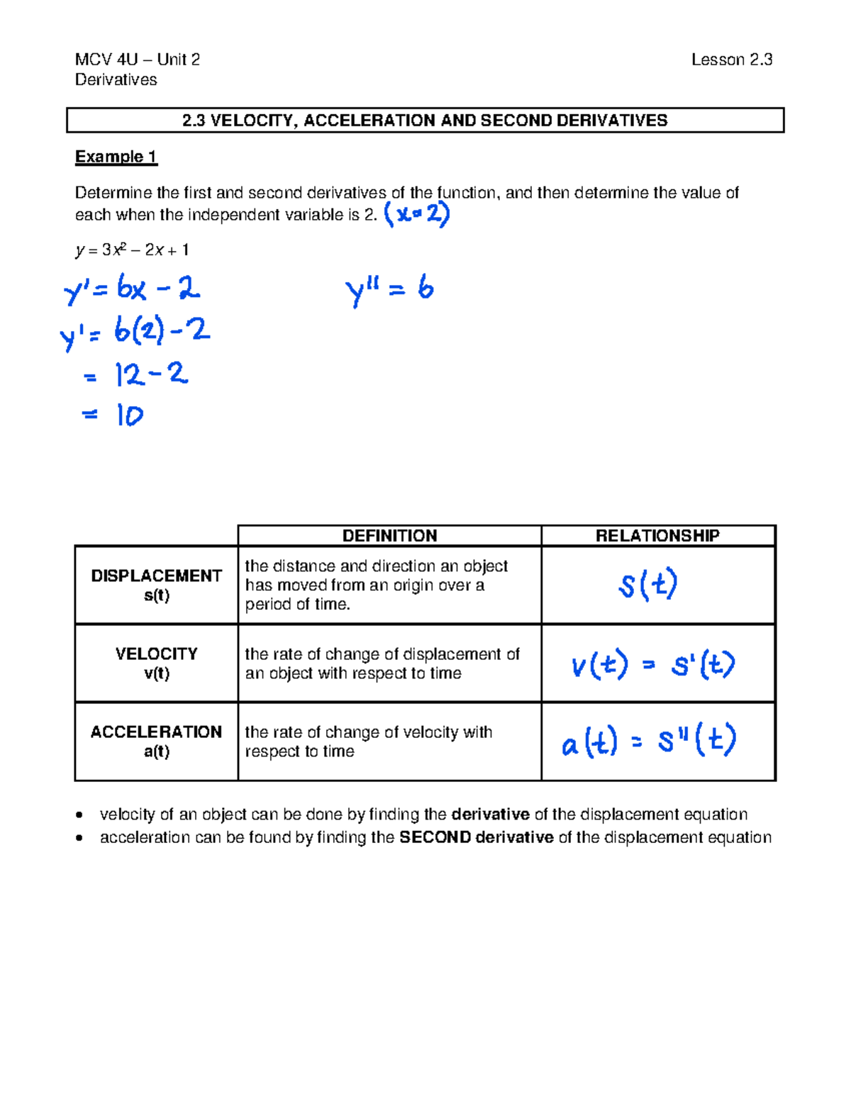 2.3 Velocity and Acceleration Complete - Derivatives 2 VELOCITY ...