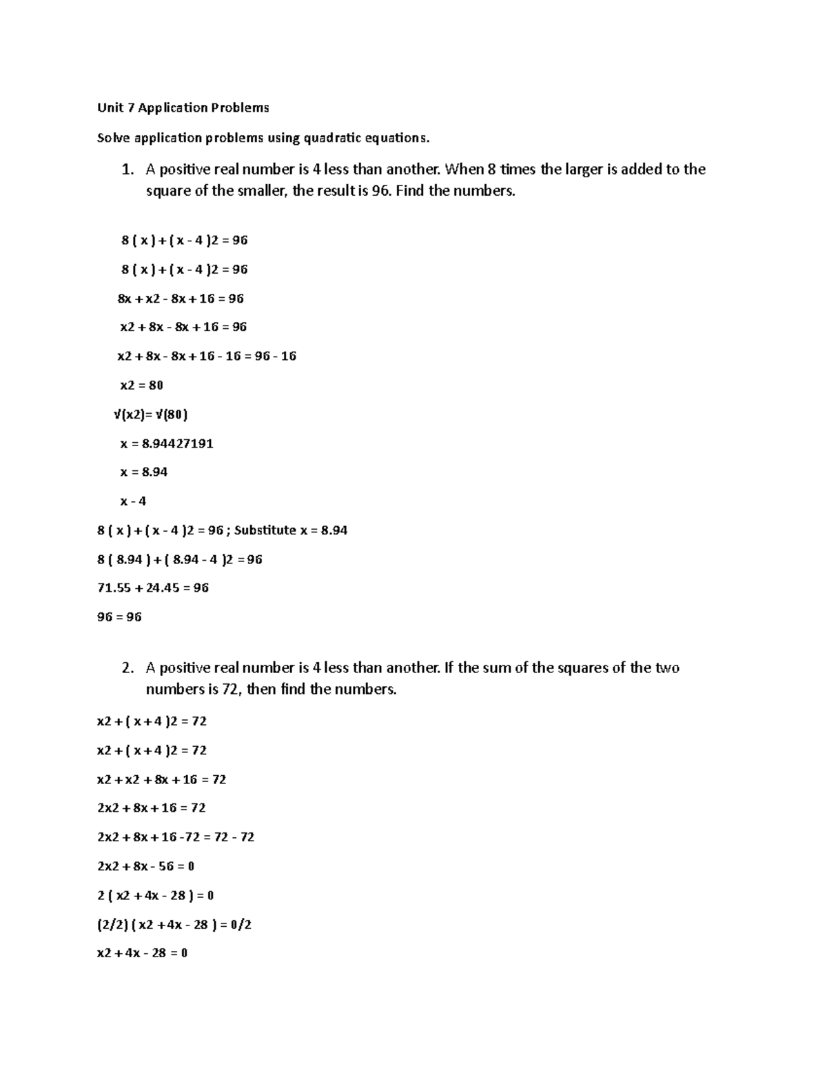 Unit 7 Problems 2020 Unit 7 Application Problems Solve application