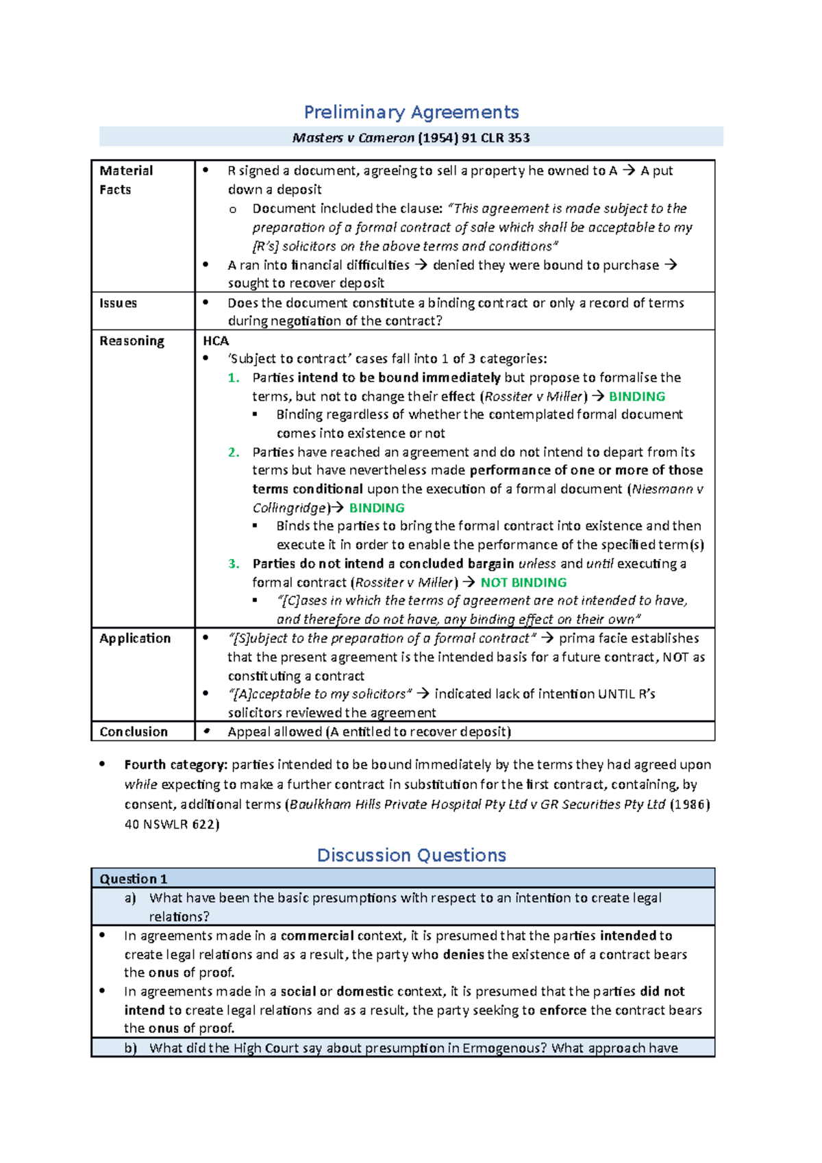 PPL notes week 5 part 3 - Preliminary Agreements Masters v Cameron ...