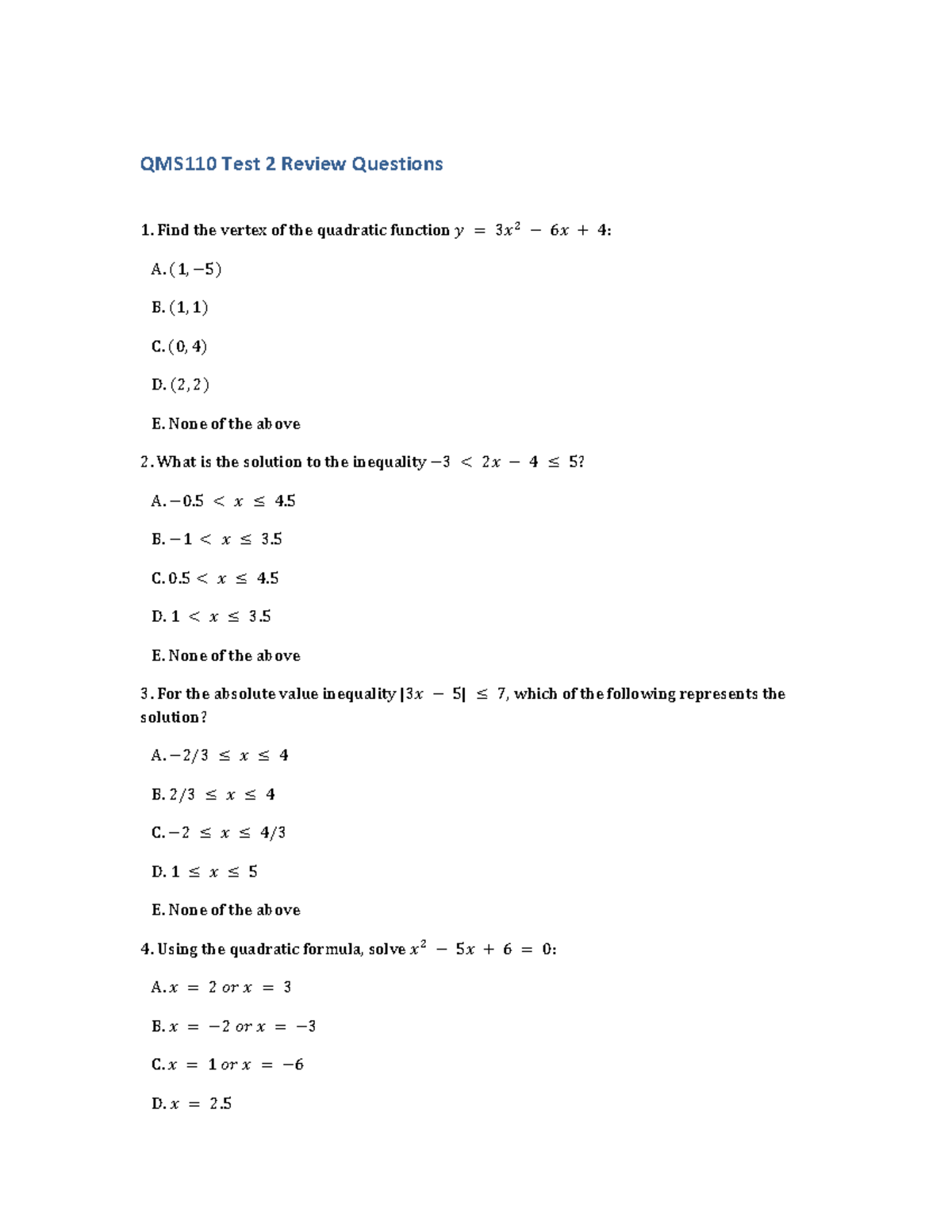 QMS110-Test 2 Review Questions - QMS110 Test 2 Review Questions Find ...