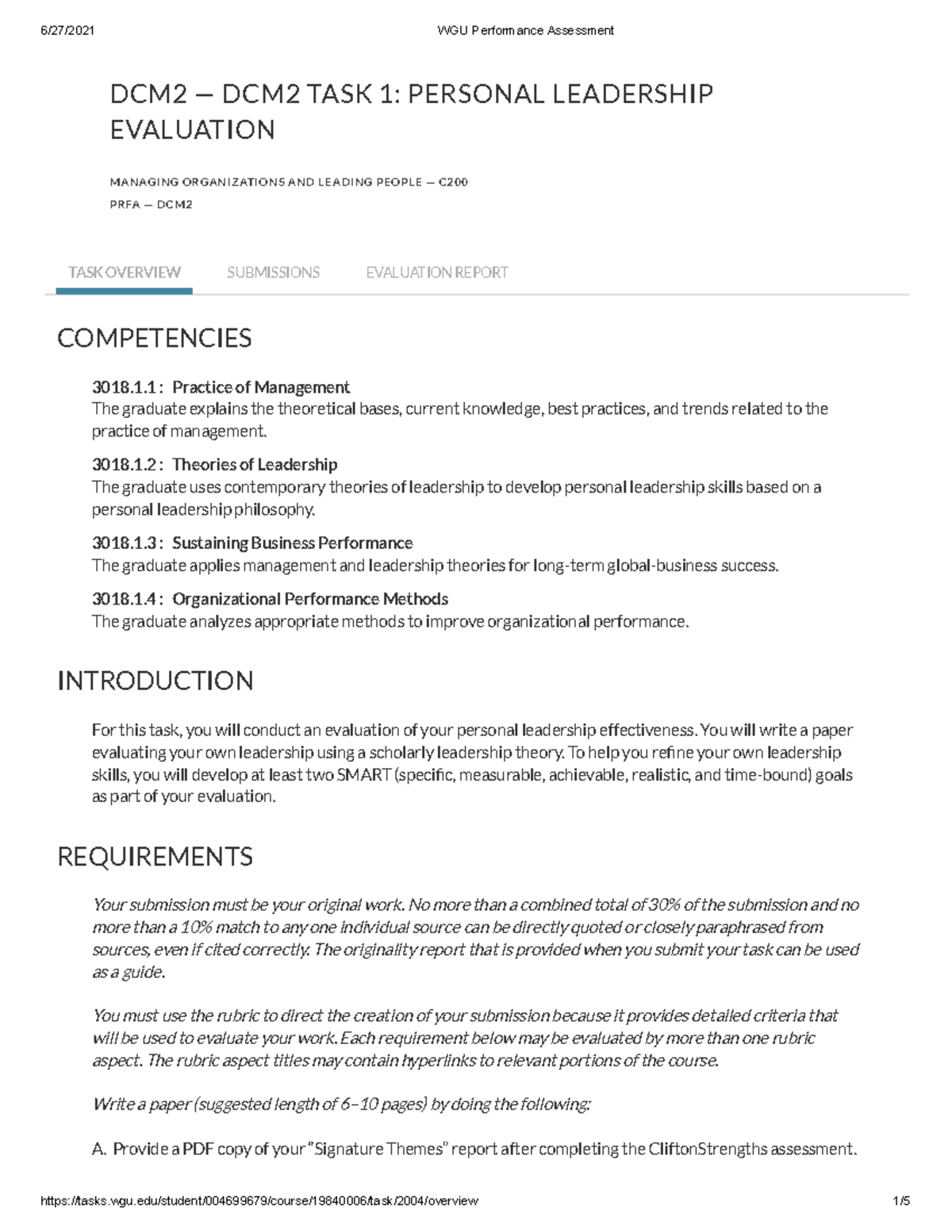 Task 1 C200 Requirements/rubric - DCM2 — DCM2 TASK 1: PERSONAL ...