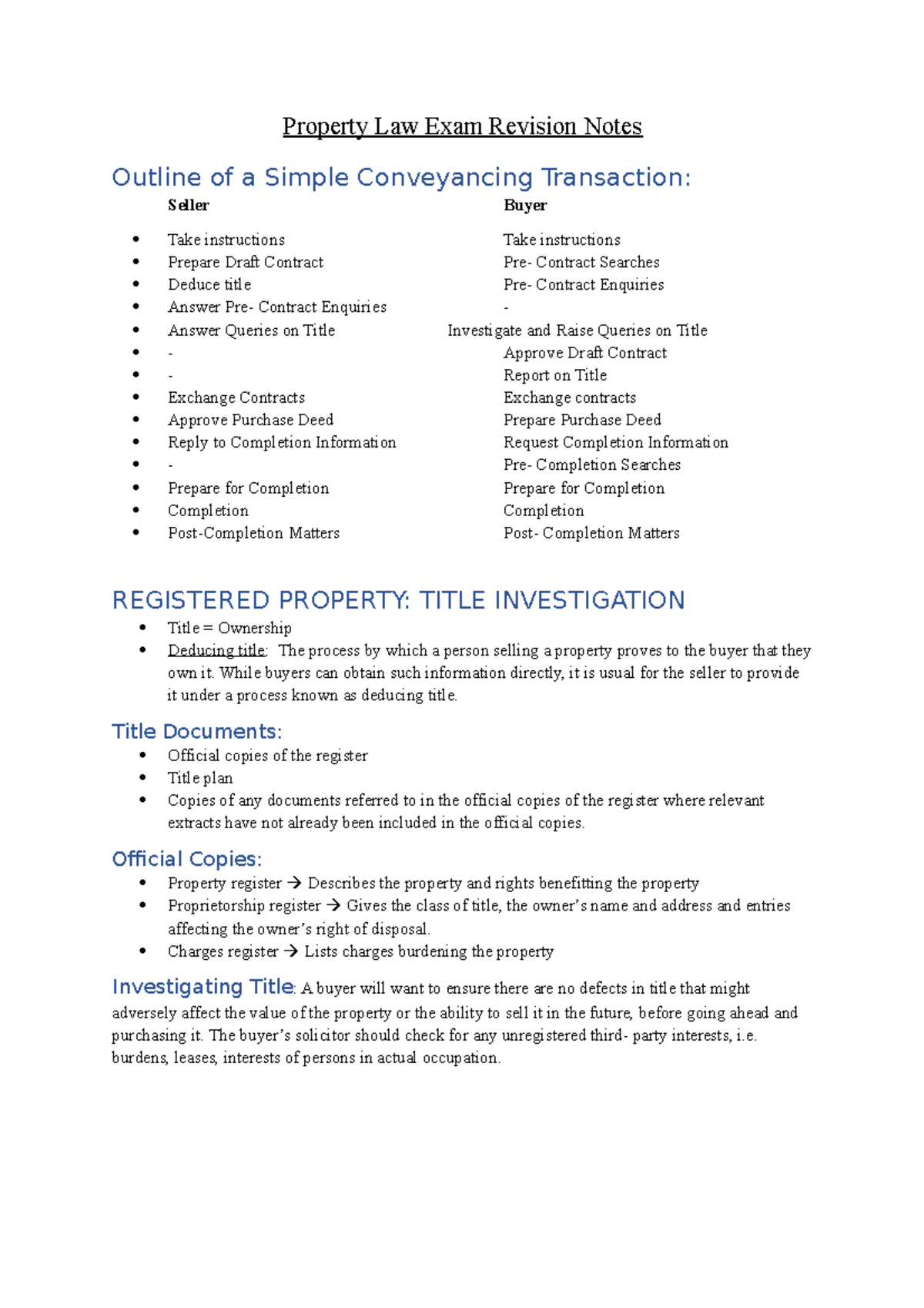 Property Law Revision Property Law Exam Revision Notes Outline of a