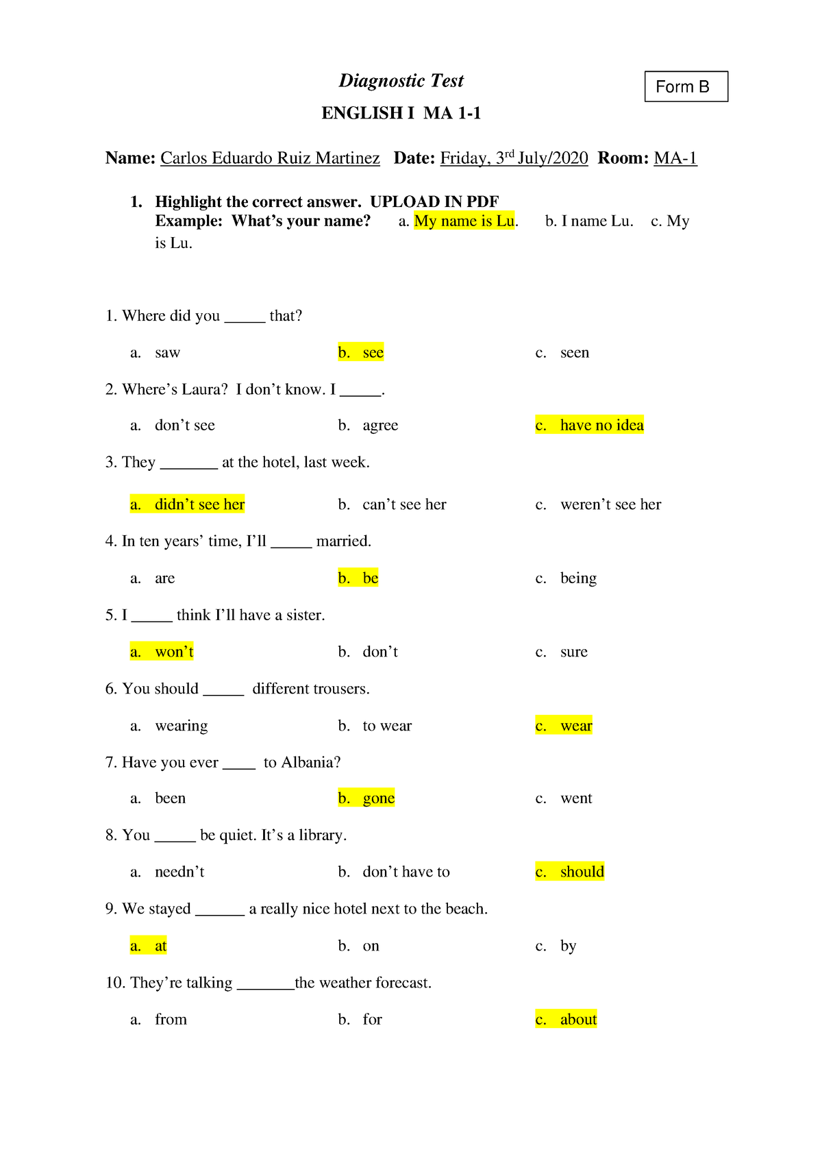 Diagnostic Test MA 1-1 - Test - Diagnostic Test ENGLISH I MA 1- Name ...