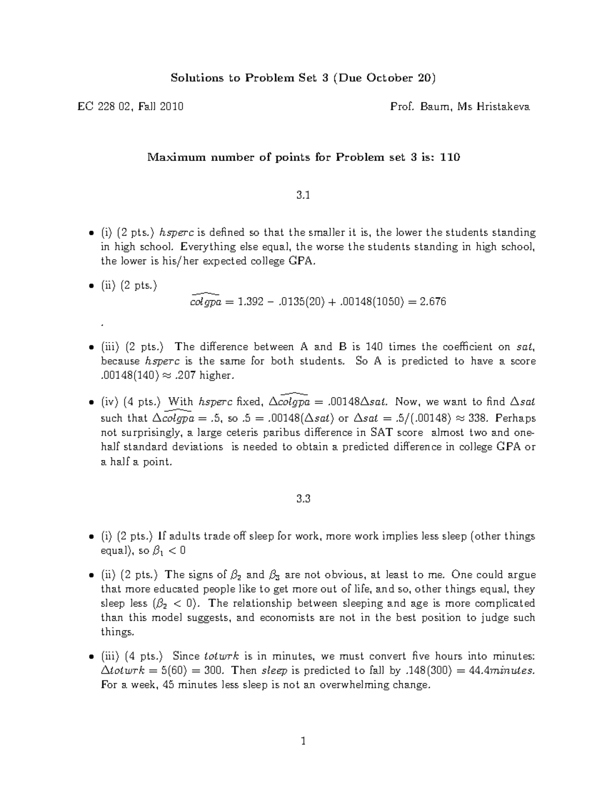 Answer ECON 301 - Solutions to Problem Set 3 (Due October 20) EC 228 02 ...