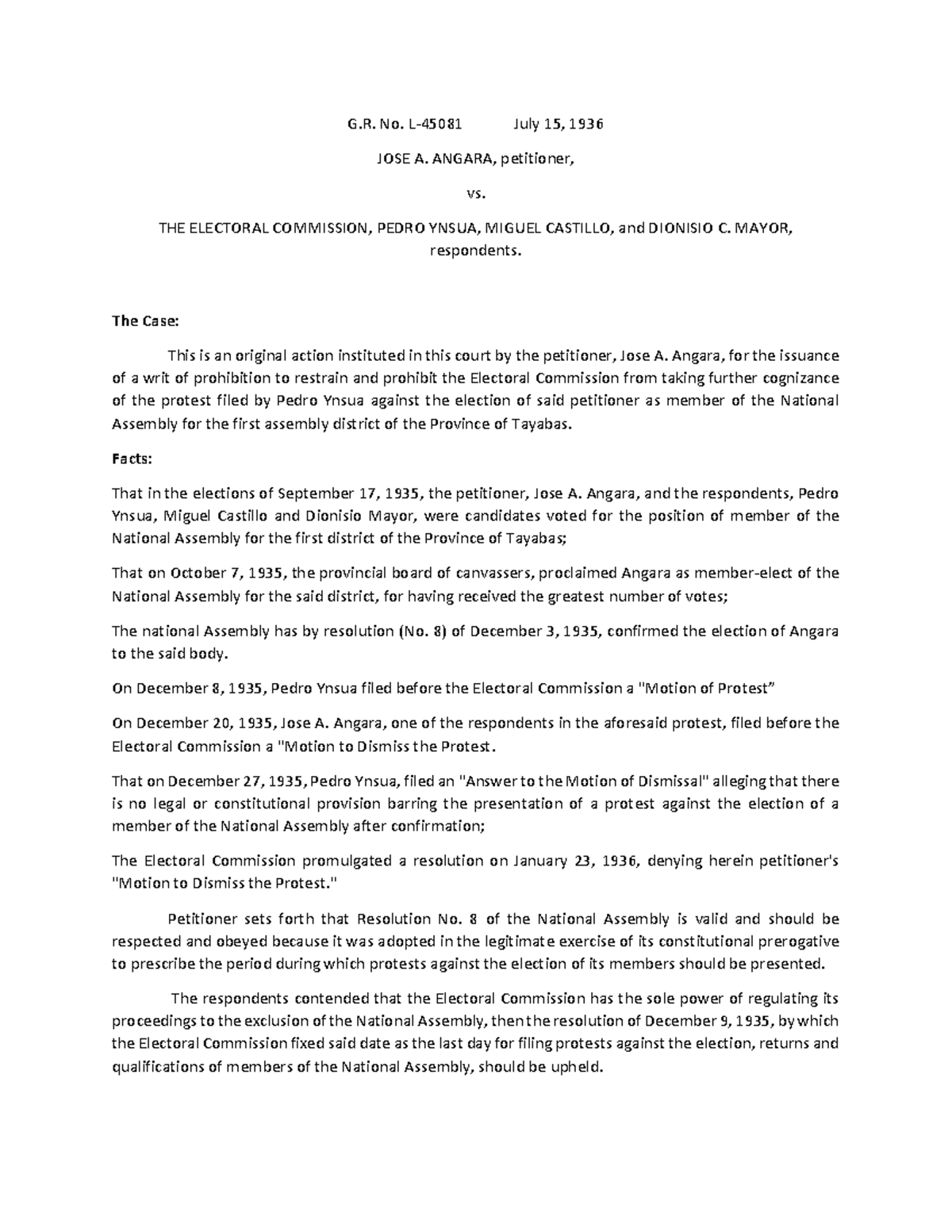 427771607 Angara V Comelec - G. No. L-45081 July 15, 1936 JOSE A ...