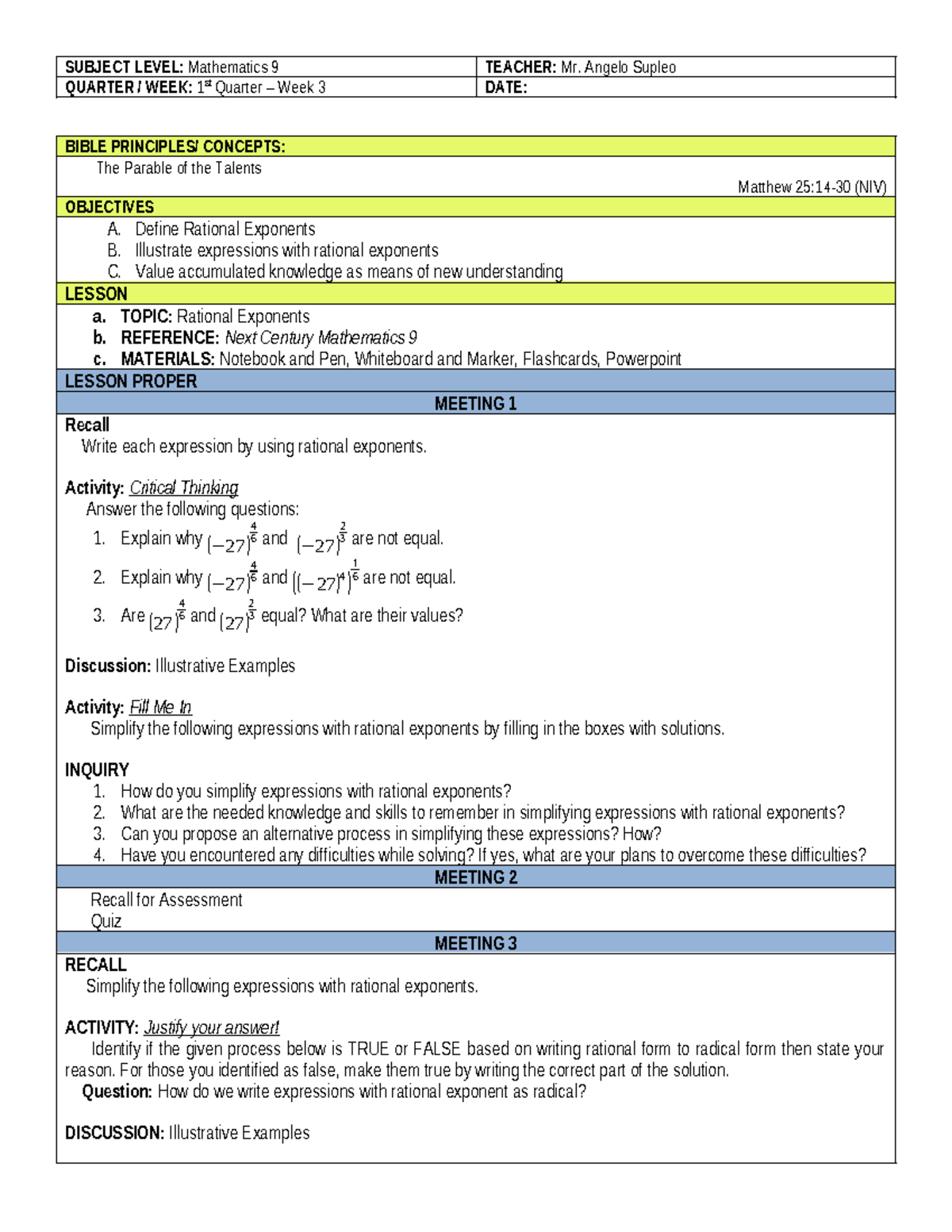 Grade 9 Weekly Plan Week 3 - SUBJECT LEVEL: Mathematics 9 TEACHER: Mr ...