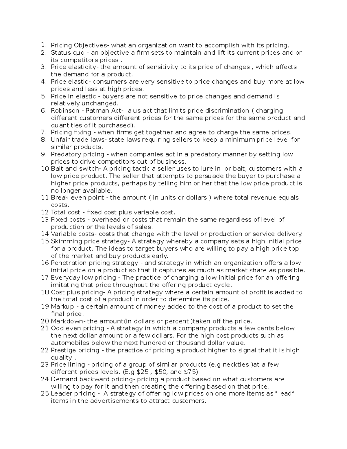 Marketing Chapter 15 - Lecture notes 15 - Pricing Objectives- what an ...