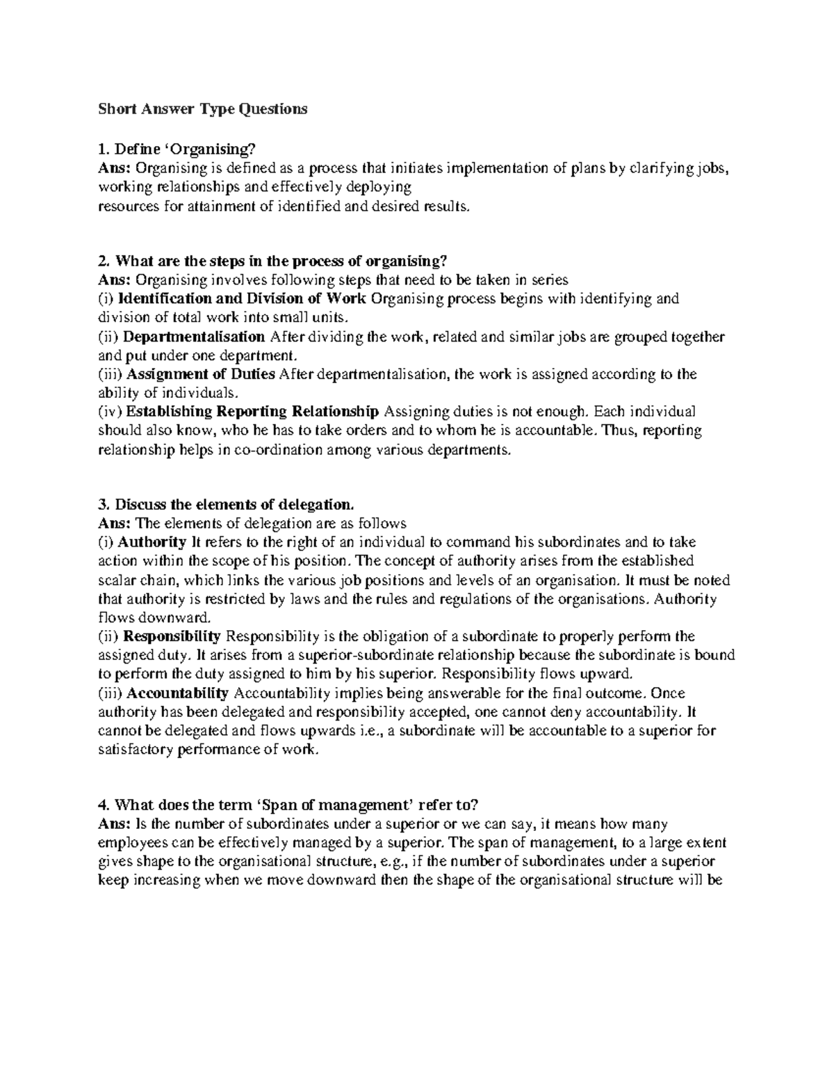 Organising Short and long questions Short Answer Type Questions Define Ans