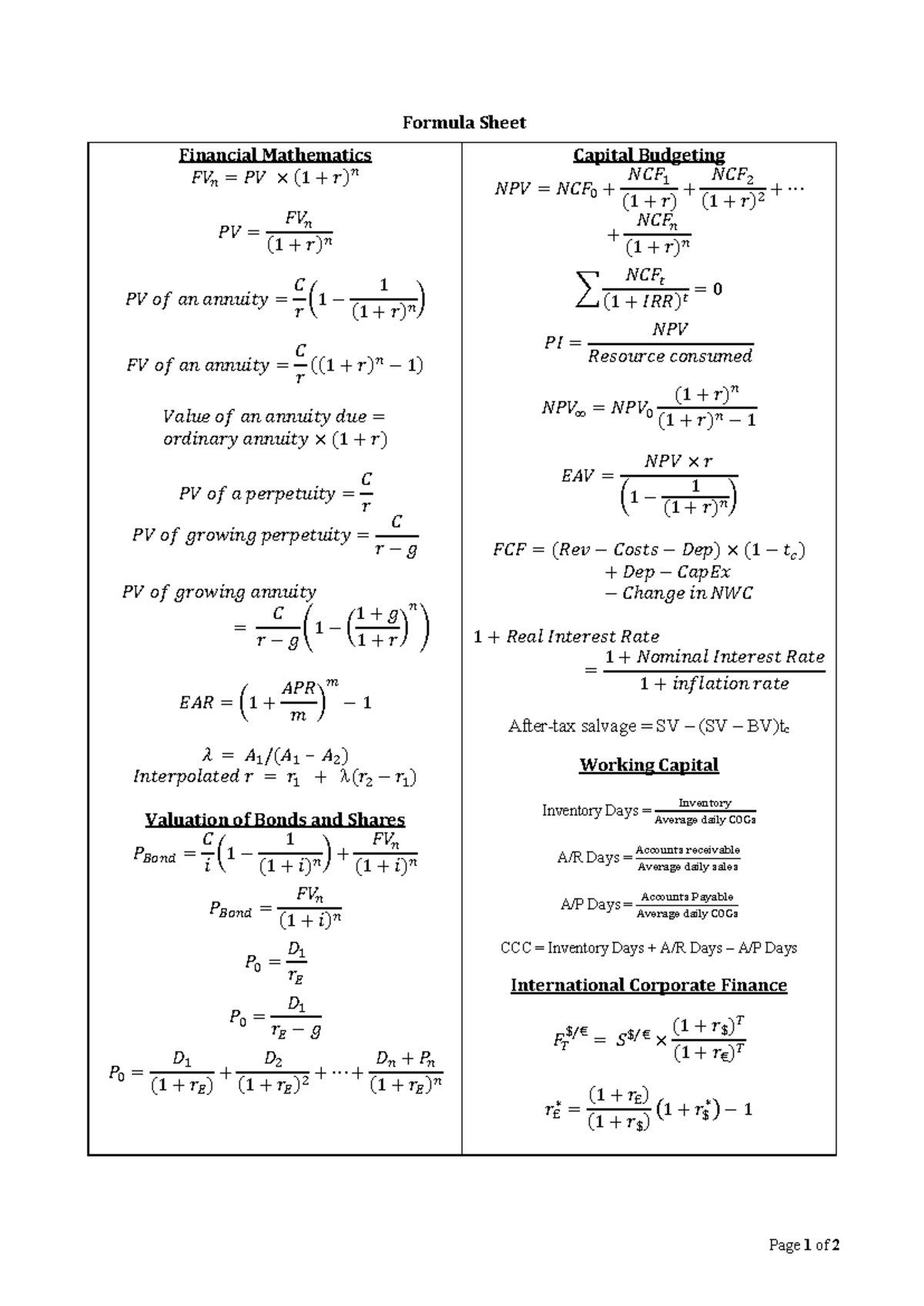 BFF2140 Final Exam Formula Sheet - Page 1 of 2 Formula Sheet Financial ...