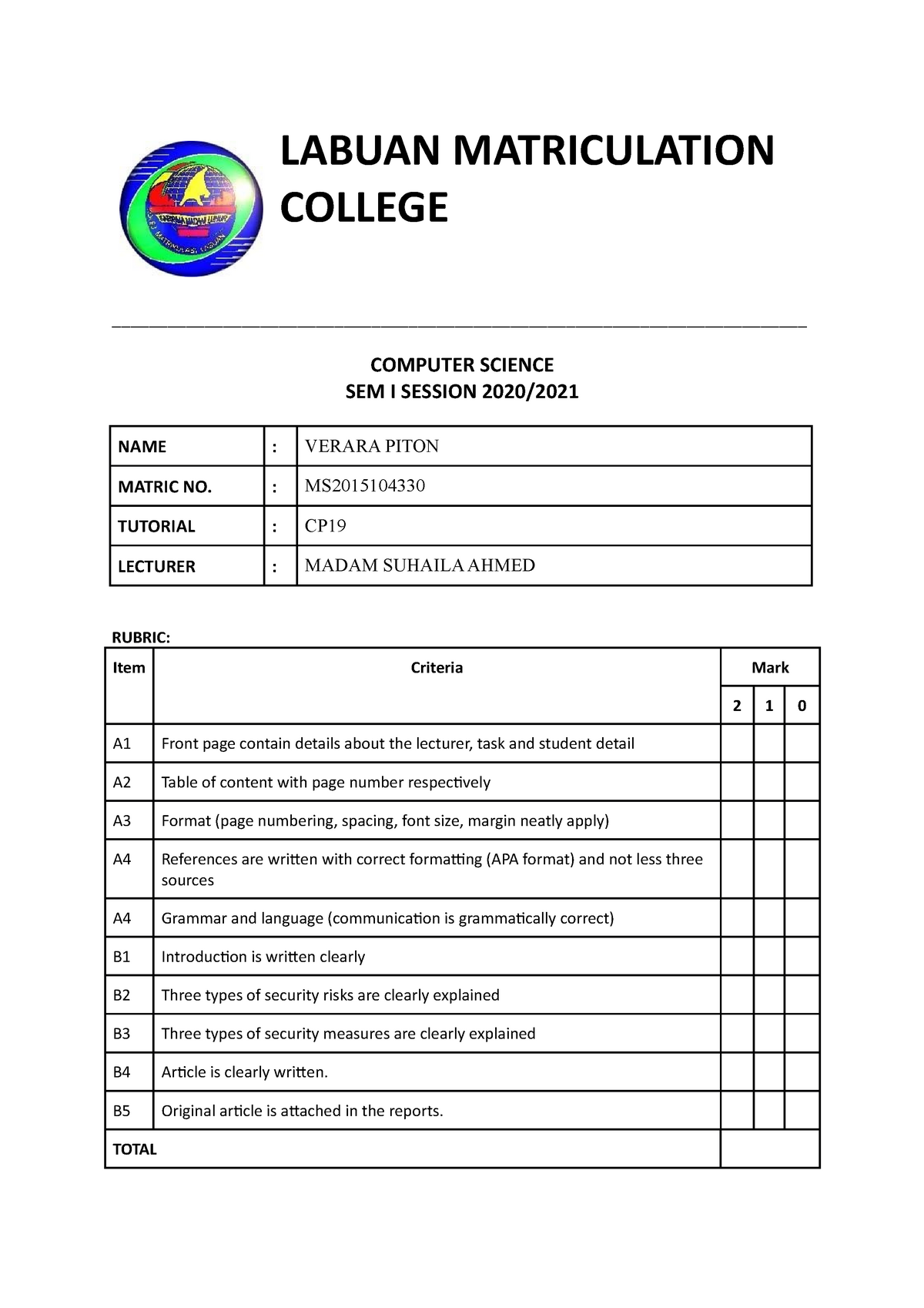 assignment science computer matriculation