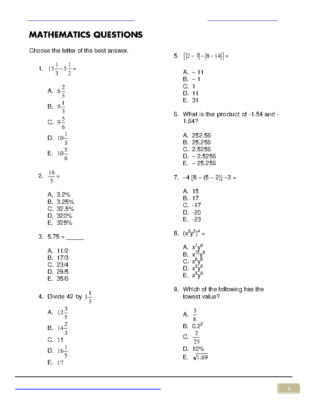 MATH I'm tall Choose the letter of the best answer. 1. 2 1 5 3 1 15