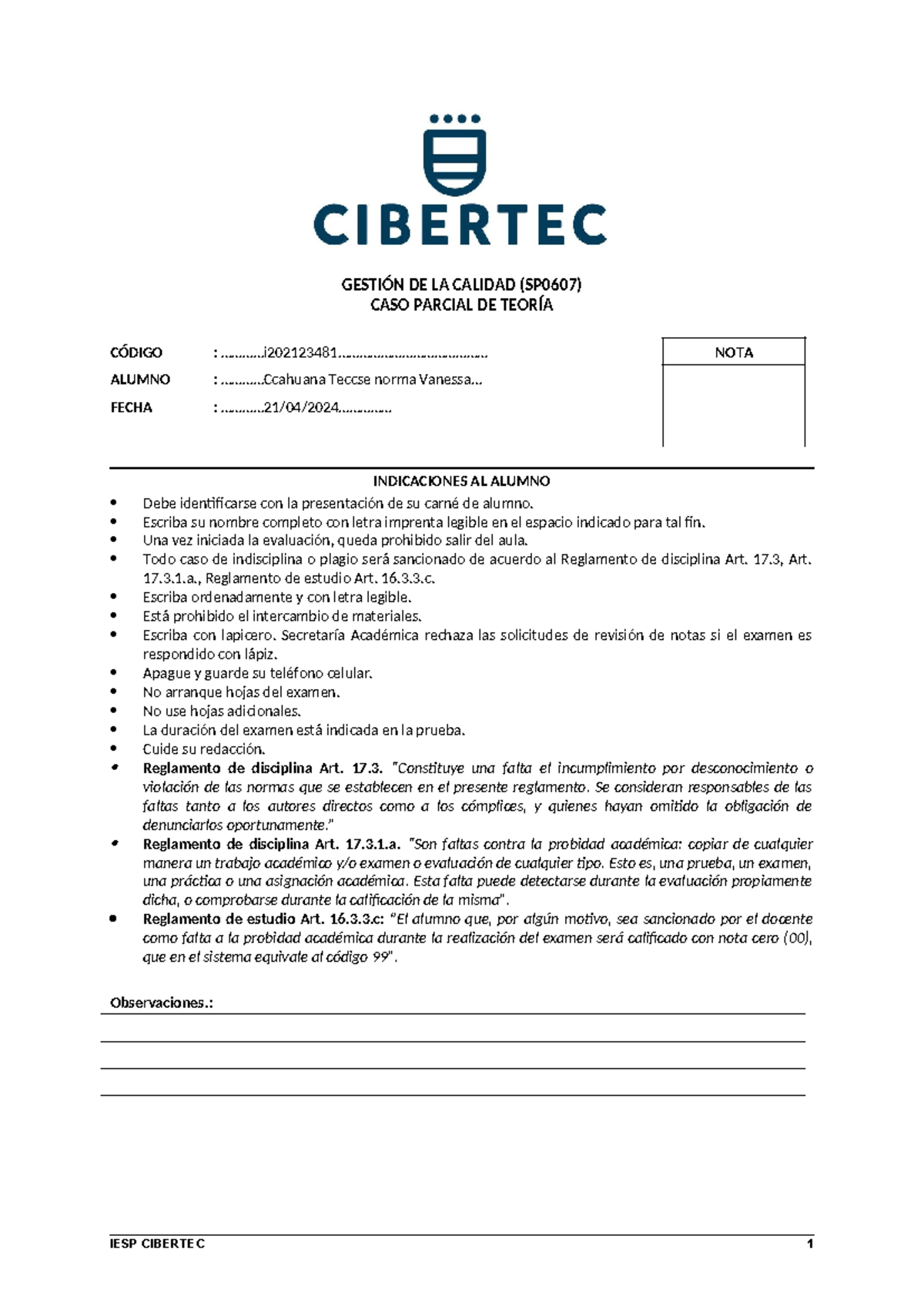 CP Gestión DE LA Calidad - 2024 Ccahuana Teccse Norma - GESTIÓN DE LA ...