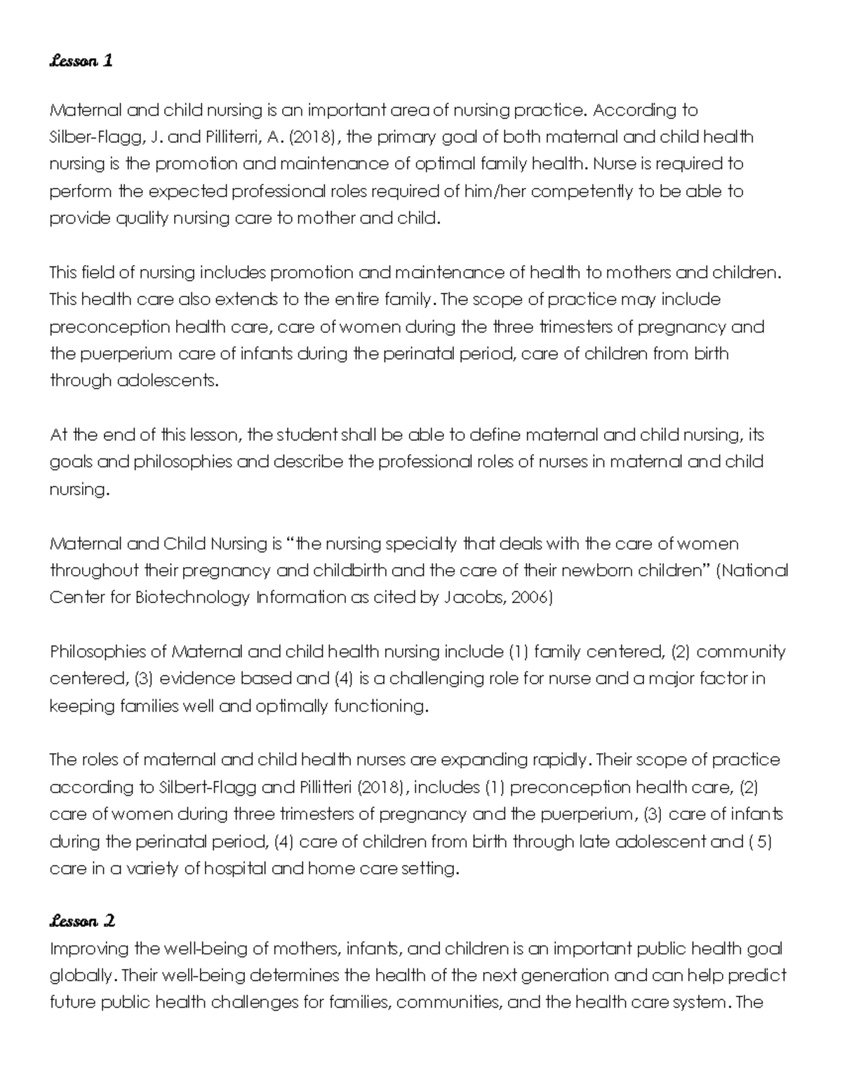 M1 Lecture Lesson 1 Maternal and child nursing is an important area