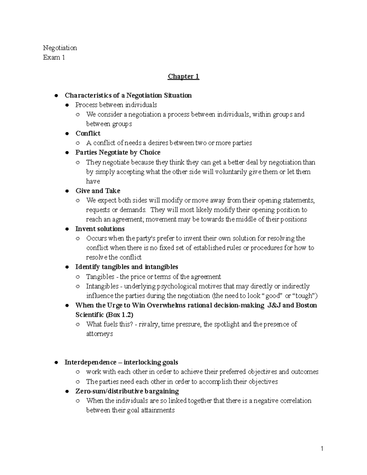 exam 1 review for chapters 1-6 - Negotiation Exam 1 Chapter 1 ...