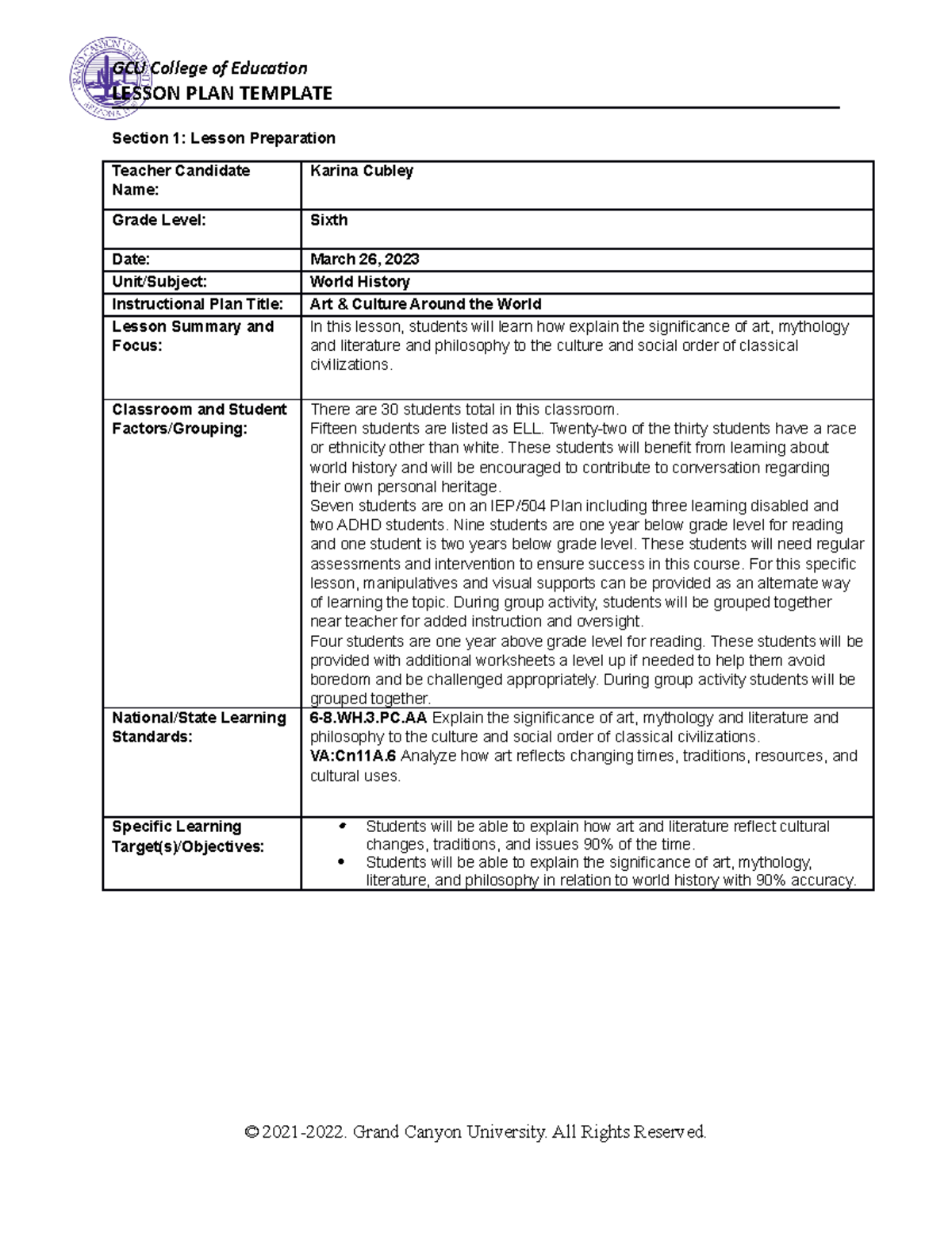 ELM-351 World History Lesson Plan - LESSON PLAN TEMPLATE Section 1 ...