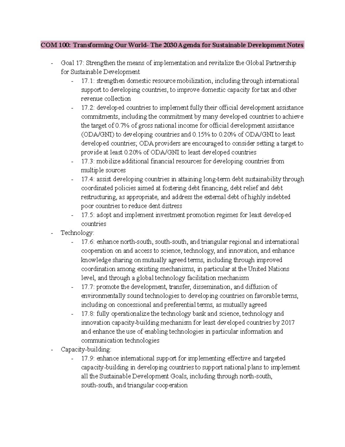 Transforming Our World- Declaration "Goal 17" Notes Pt 1 - COM 100 ...
