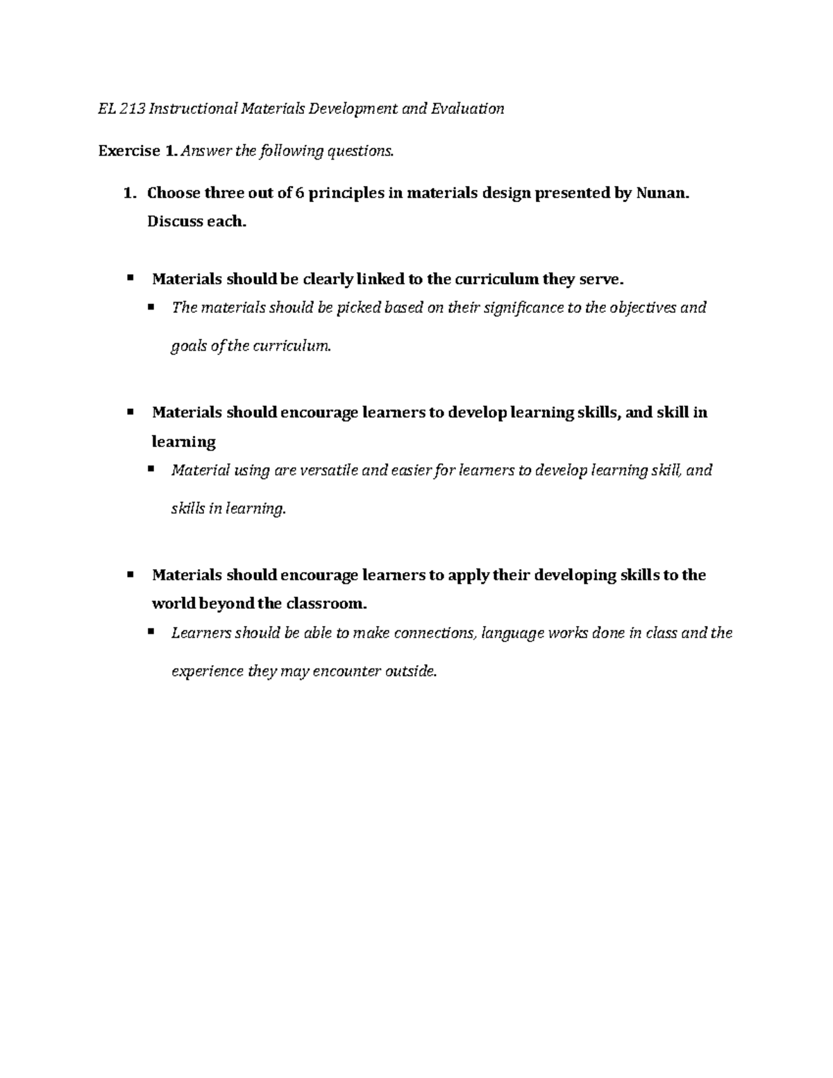 EL 213 Lesson 3 Exercise & Activities EL 213 Instructional Materials Development and