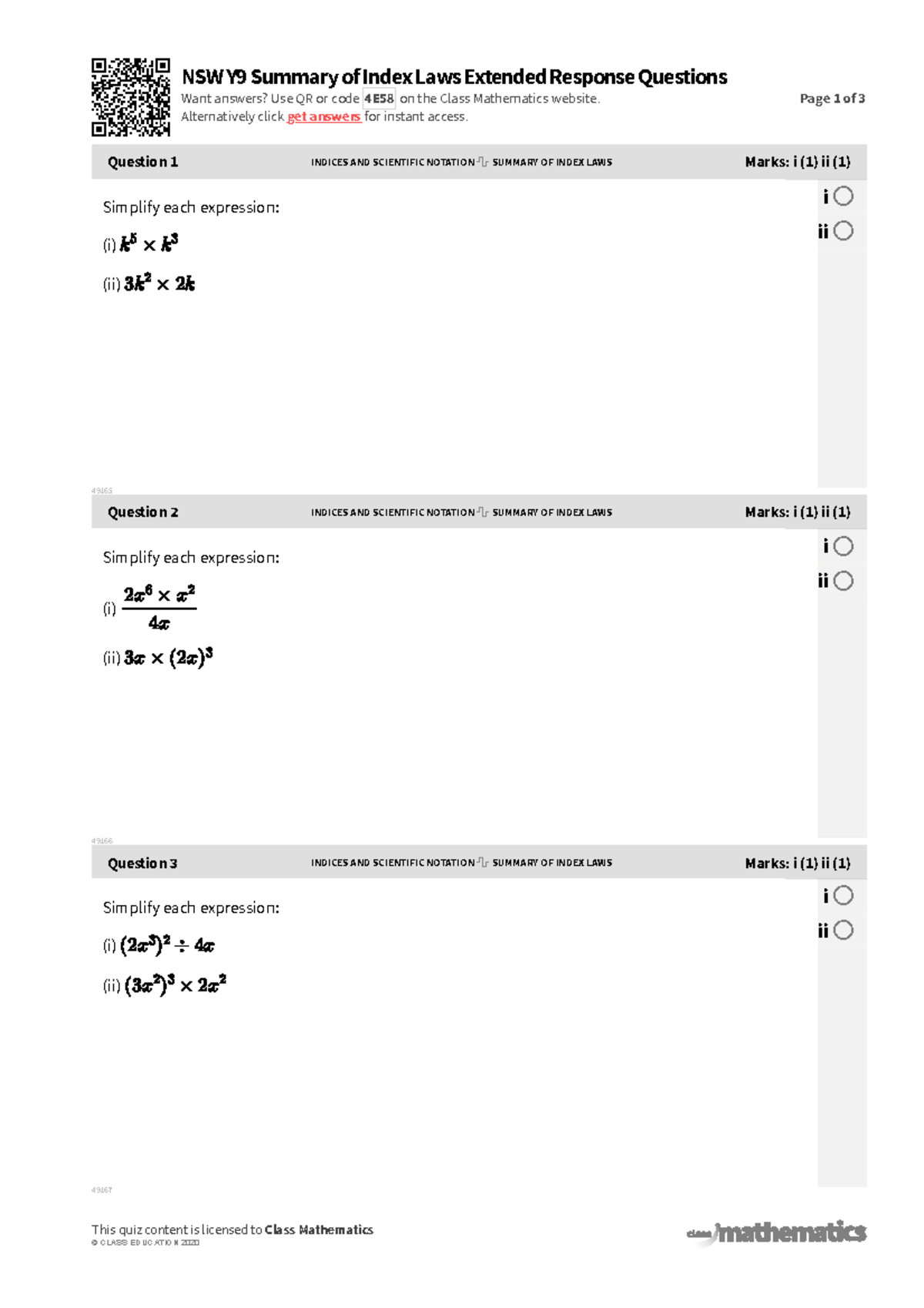 NSW Y9 Summary of Index Laws Extended Response Questions 66065 NSW Y9