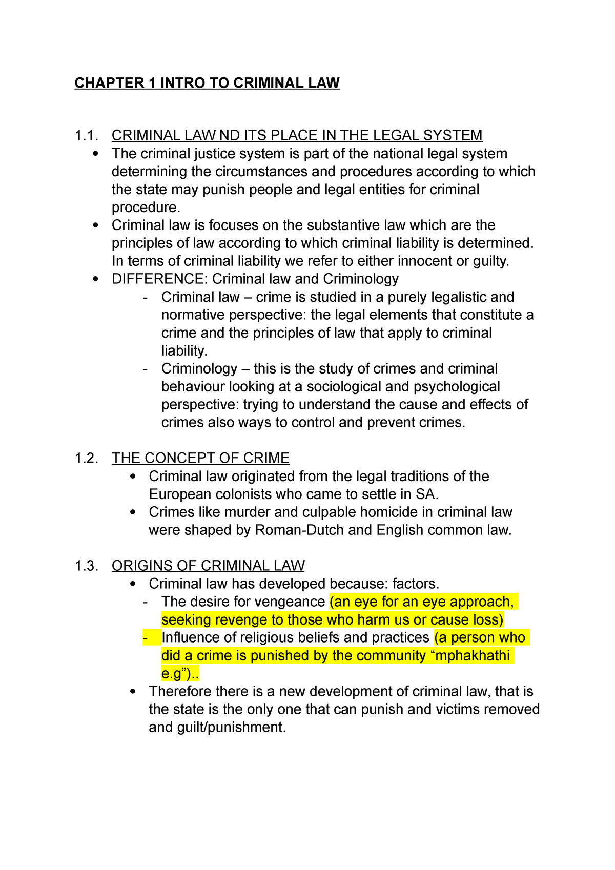 Notes By Me Criminal Law Chapter 1 Intro To Criminal Law 1 Criminal Law Nd Its Place In The 