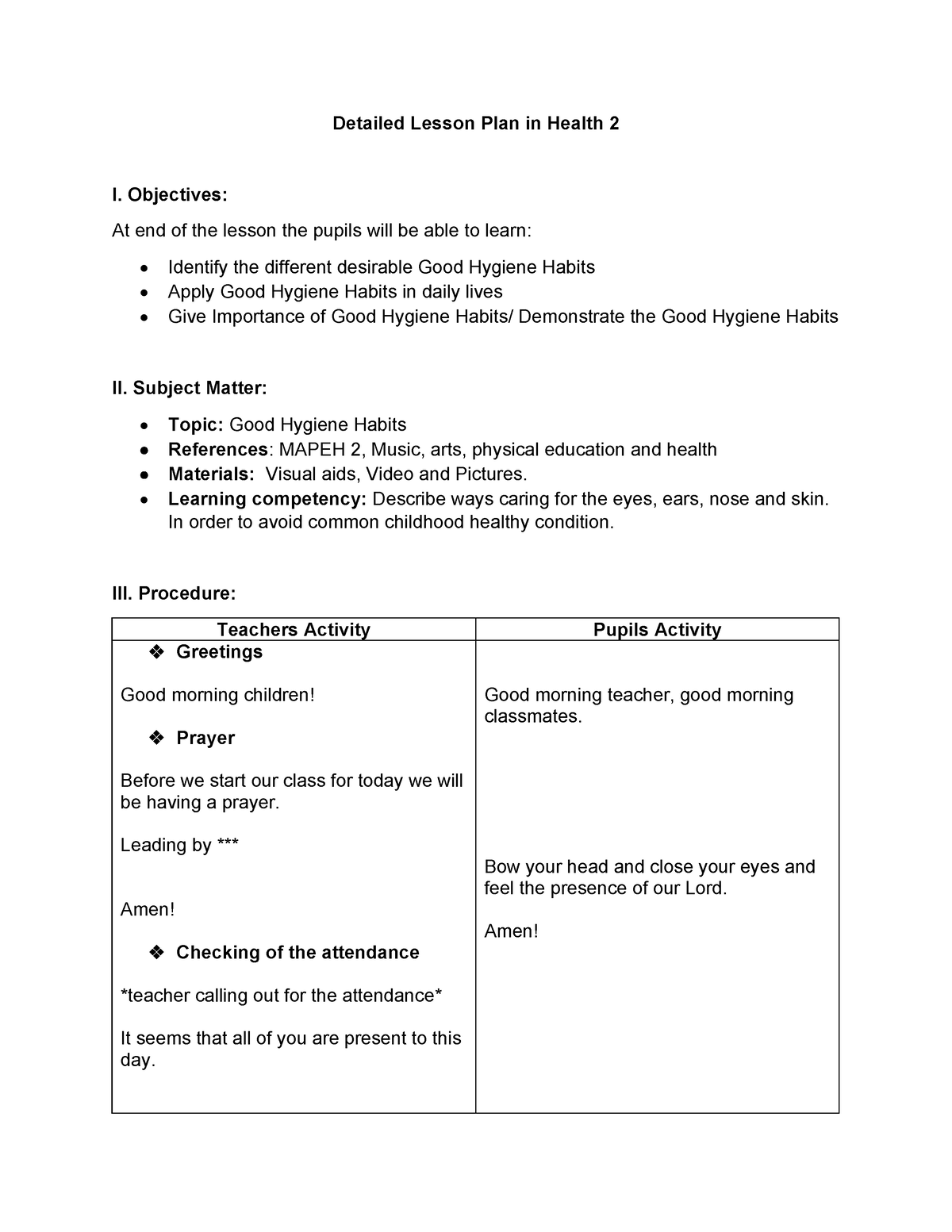 Detailed Lesson Plan - Detailed Lesson Plan In Health 2 I. Objectives ...