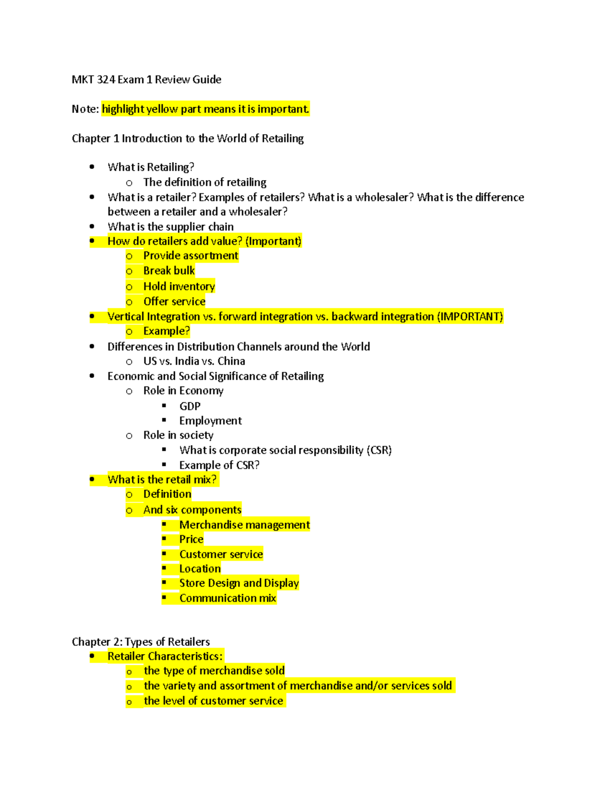 MKT 324 Exam 1 Review Guide - MKT 324 Exam 1 Review Guide Note ...