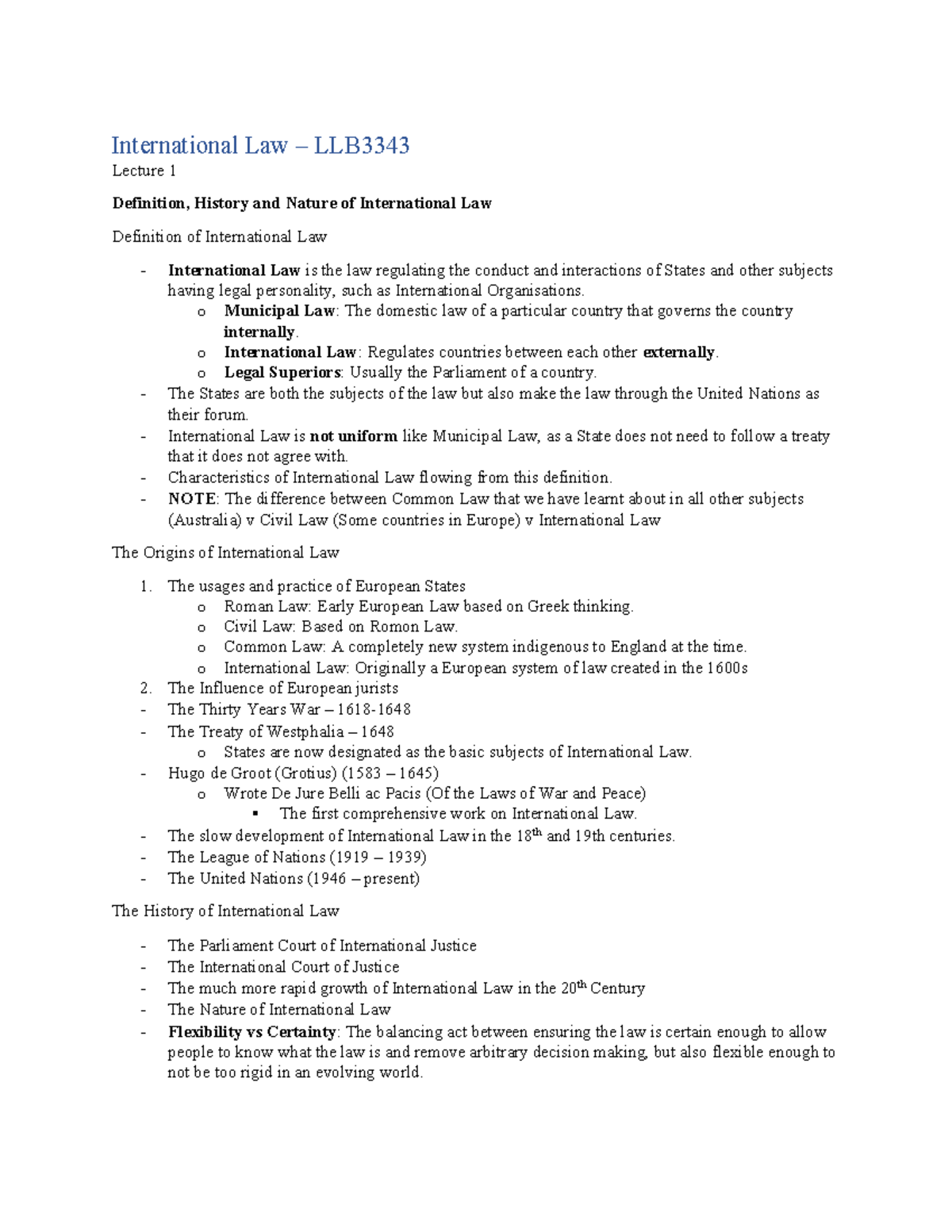 LLB3343 - IL - Notes - International Law – LLB Lecture 1 Definition ...