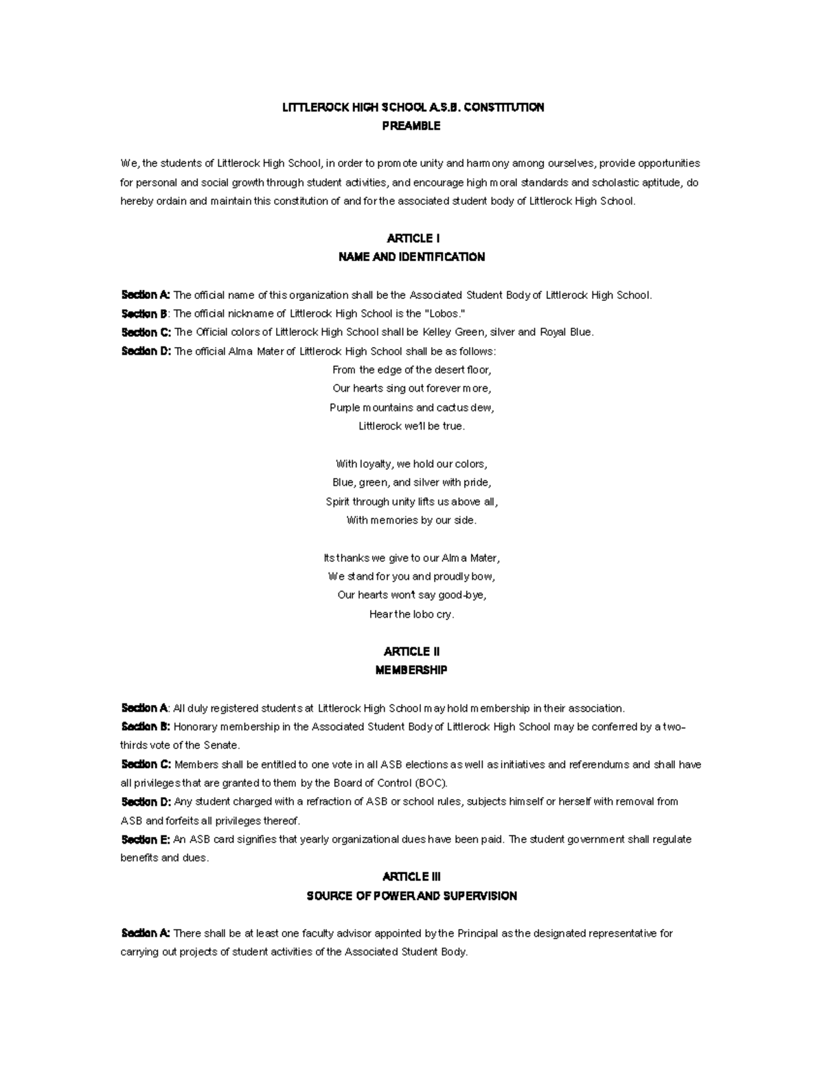 ASB Constitution - Needs for teaching - LITTLEROCK HIGH SCHOOL A.S ...