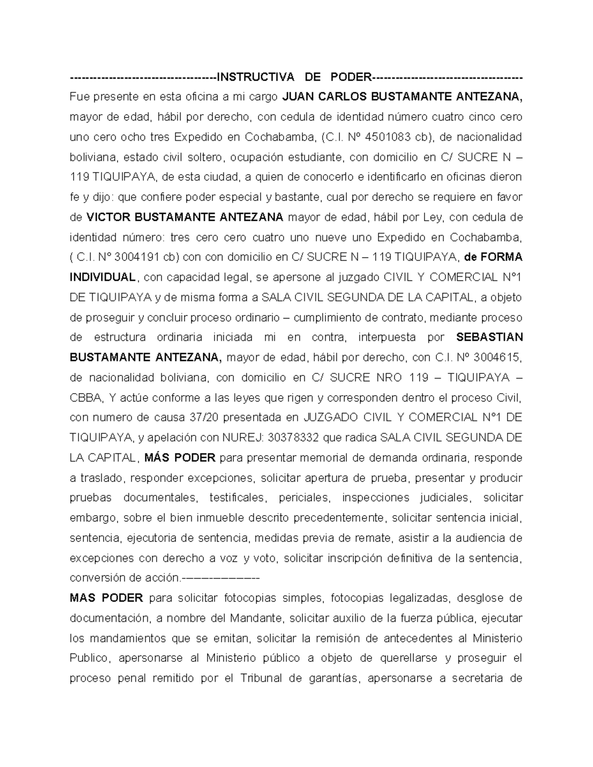 Instructiva poder especifico apersonarse sala civil y juzgado publico ...
