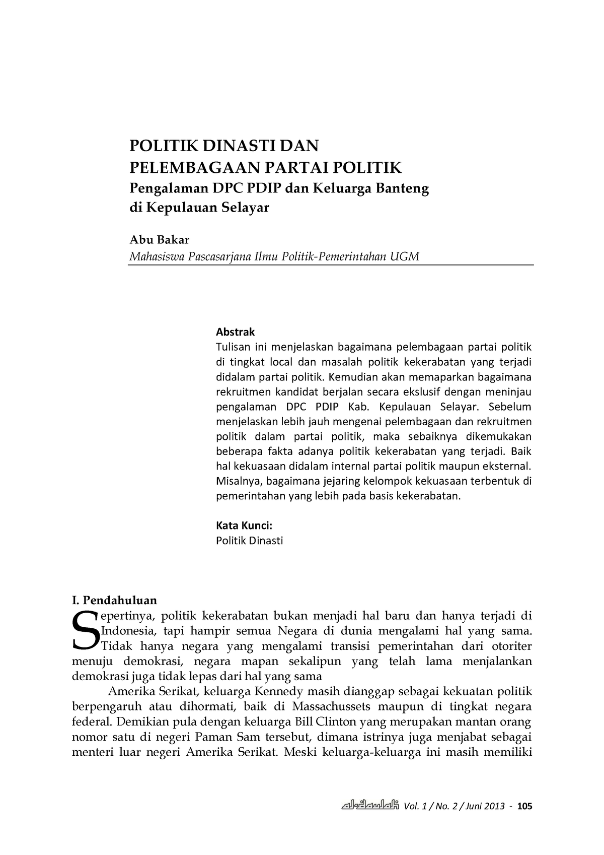 Politik Dinasti DAN Pelembagaan Partai - Vol. 1 / No. 2 / Juni 2013 ...