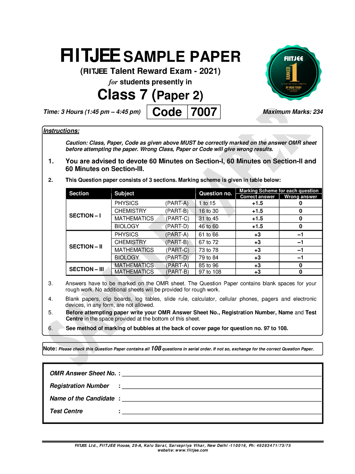 FTRE Sample Paper Class 7th Paper 2 - FIITJEE Lt D., FI I T JEE H Ouse ...