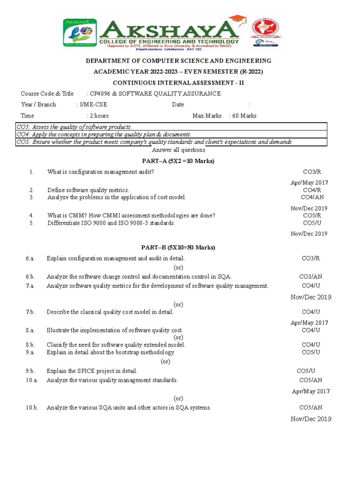 SQACIA2 QUESTION BANK DEPARTMENT OF COMPUTER SCIENCE AND ENGINEERING ACADEMIC YEAR 2022