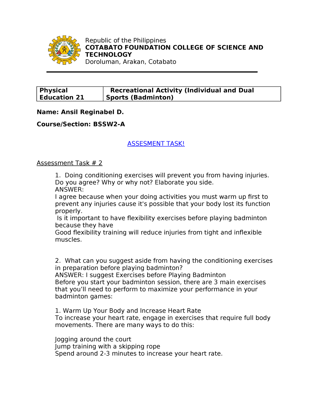 PE 2ND Activity - Republic Of The Philippines COTABATO FOUNDATION ...