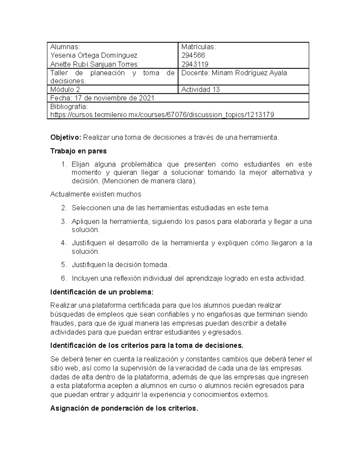Taller De Planeacion y toma de decisiones Actividad 13 - Taller de ...