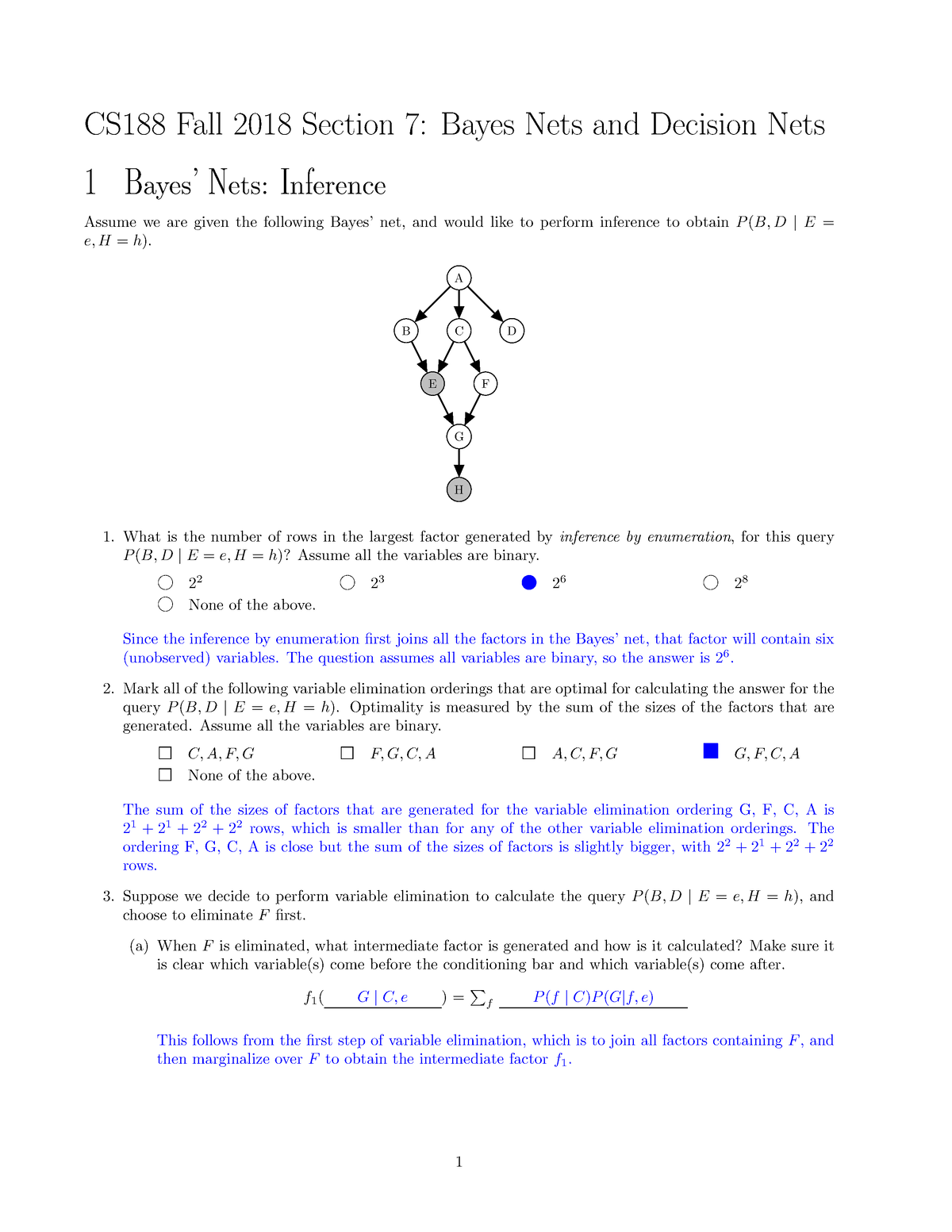 Section 7 solutions aaaaa CS188 Fall 2018 Section 7 Bayes Nets and