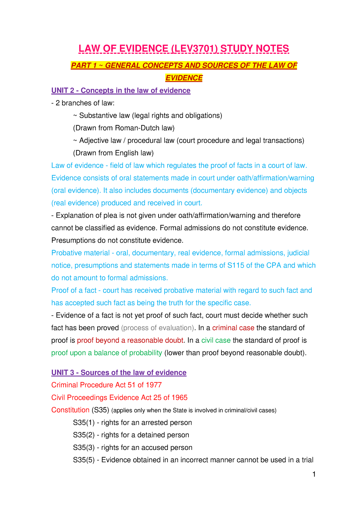 LEV3701 Study Notes - LAW OF EVIDENCE (LEV3701) STUDY NOTES PART 1 ...