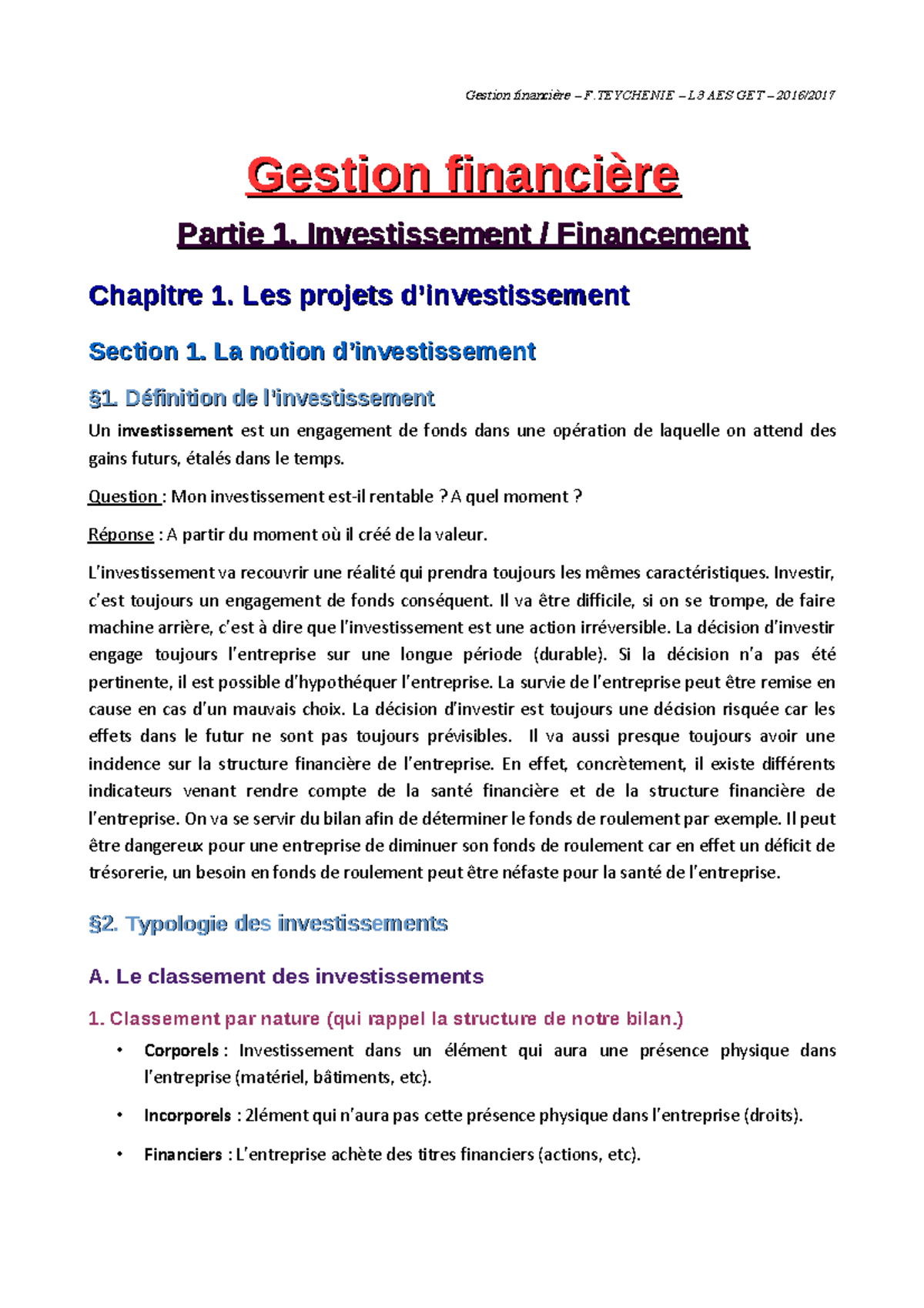 L3 AES - Semestre 2 - Chapitre 1 Gestion Financière Investissement Et ...