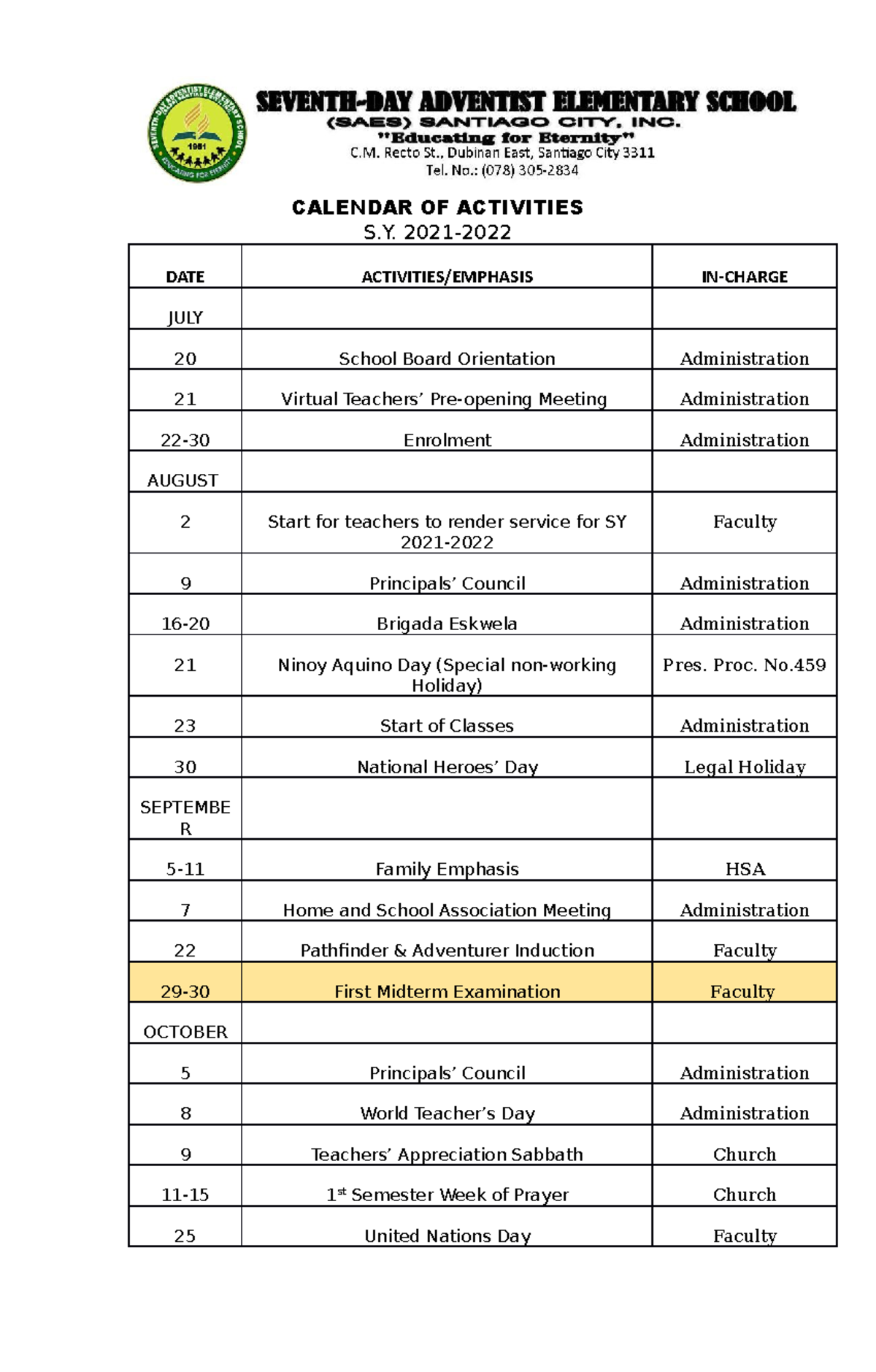SAESCalendarofActivities20212022 CALENDAR OF ACTIVITIES S. 2021 DATE ACTIVITIES/EMPHASIS