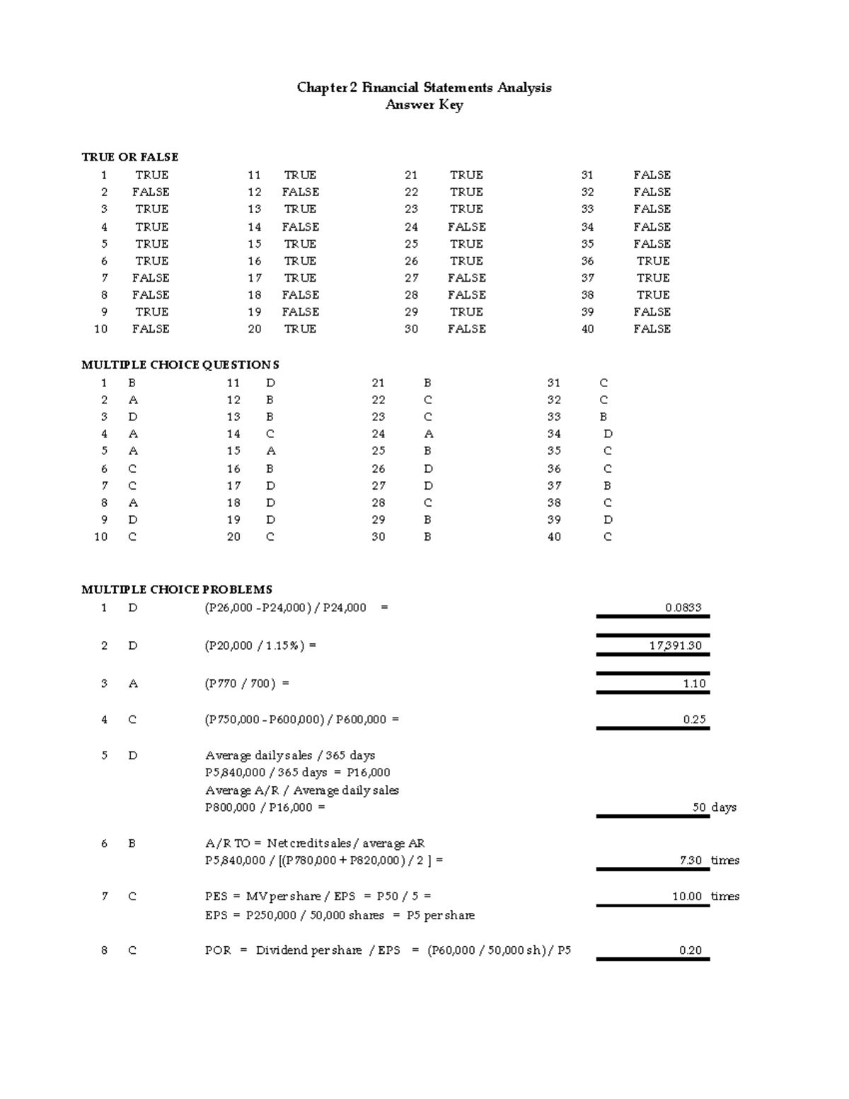 02 Financial Statements Analysis KEY - Chapter 2 Financial Statements ...