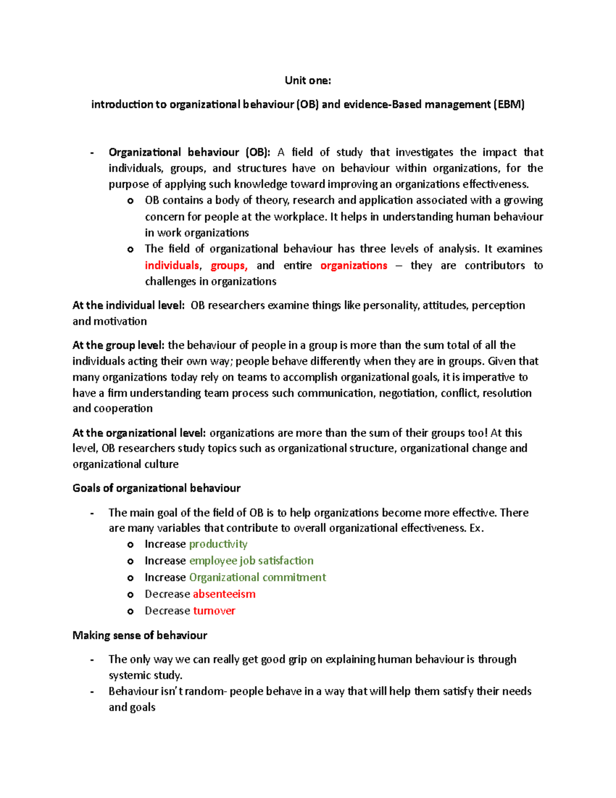 Unit One Intro To OB - Note - HROB 2090 - U Of G - Studocu